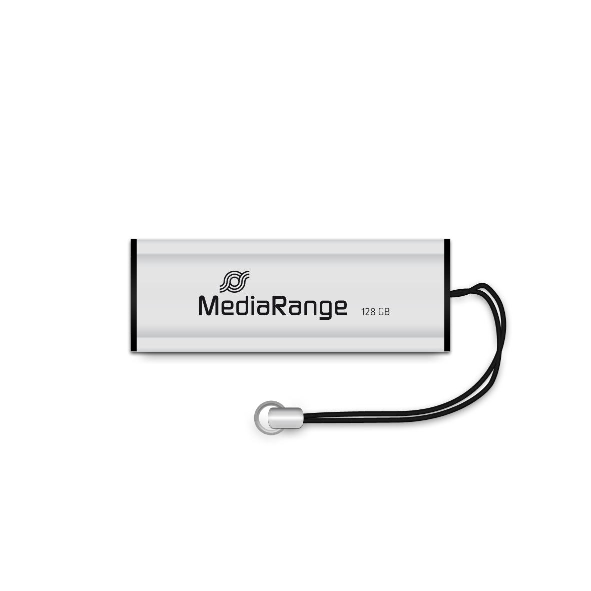 Zilveren MediaRange USB-stick met een zwart koord, op een witte achtergrond.