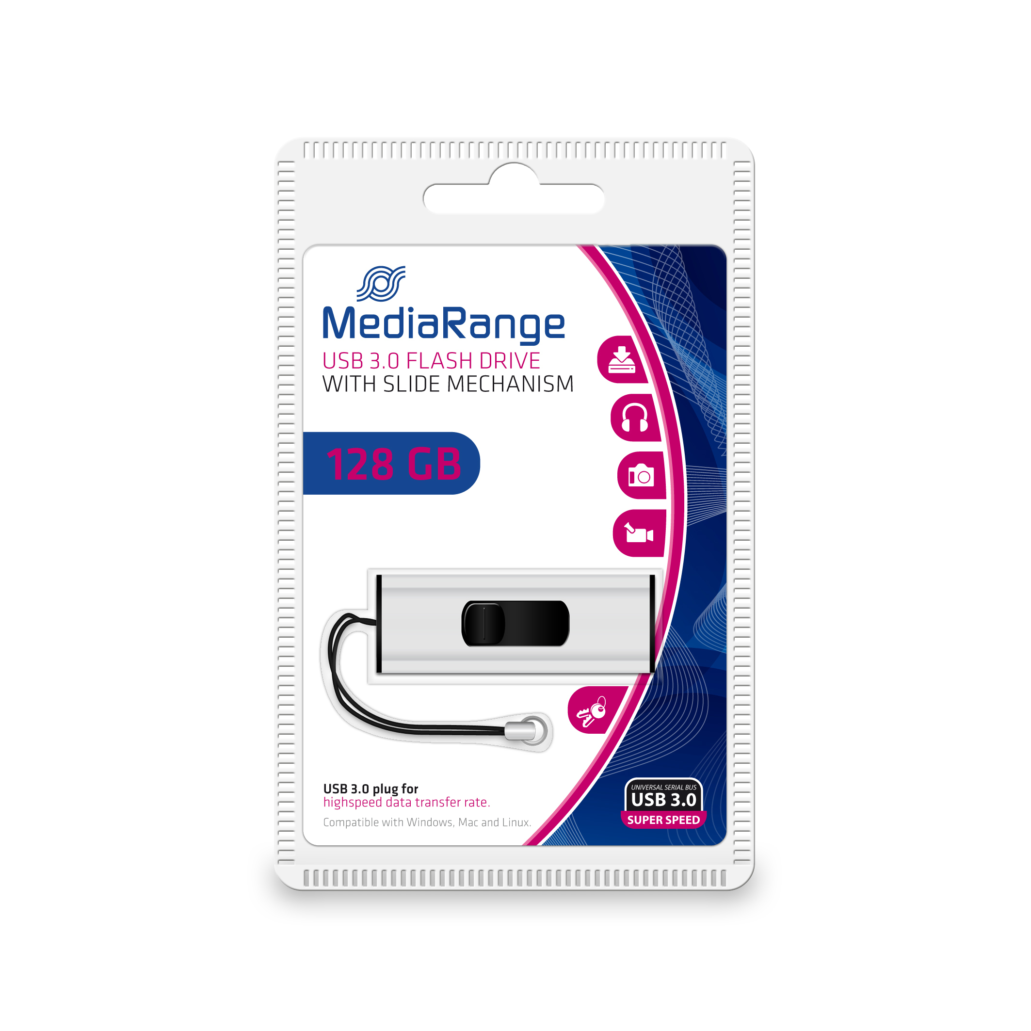 USB 3.0 flashdrive in een blisterverpakking. De drive is wit en zilver met een zwart schuifmechanisme.