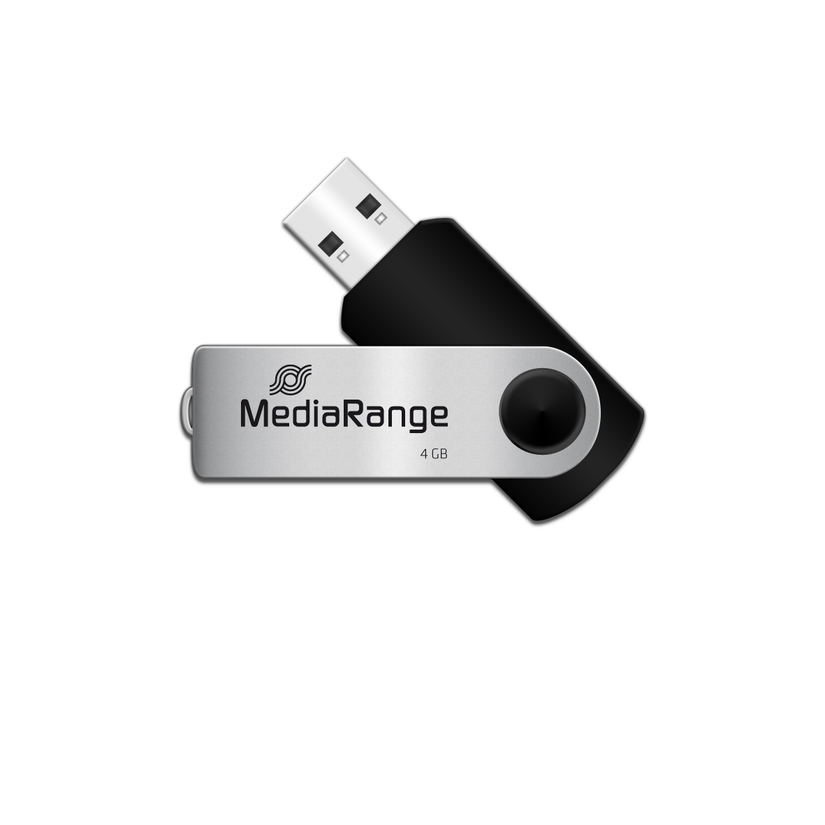 Memoria USB plateada y negra, etiquetada MediaRange, con capacidad de 4 GB.