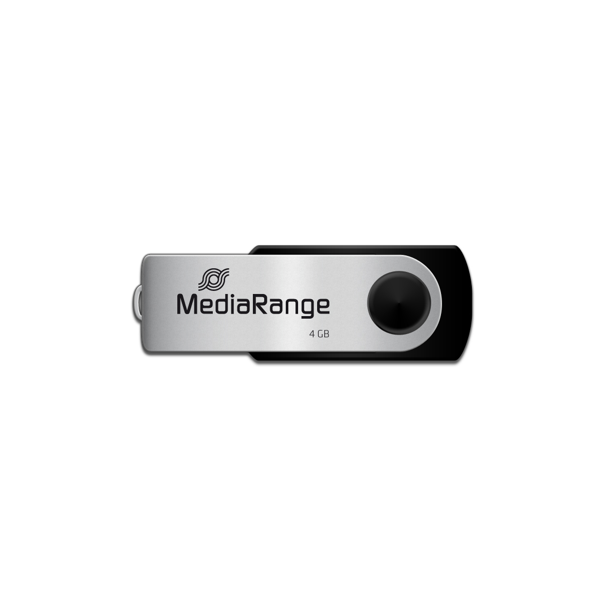 Memoria USB plateada y negra con el logo de MediaRange sobre fondo blanco.