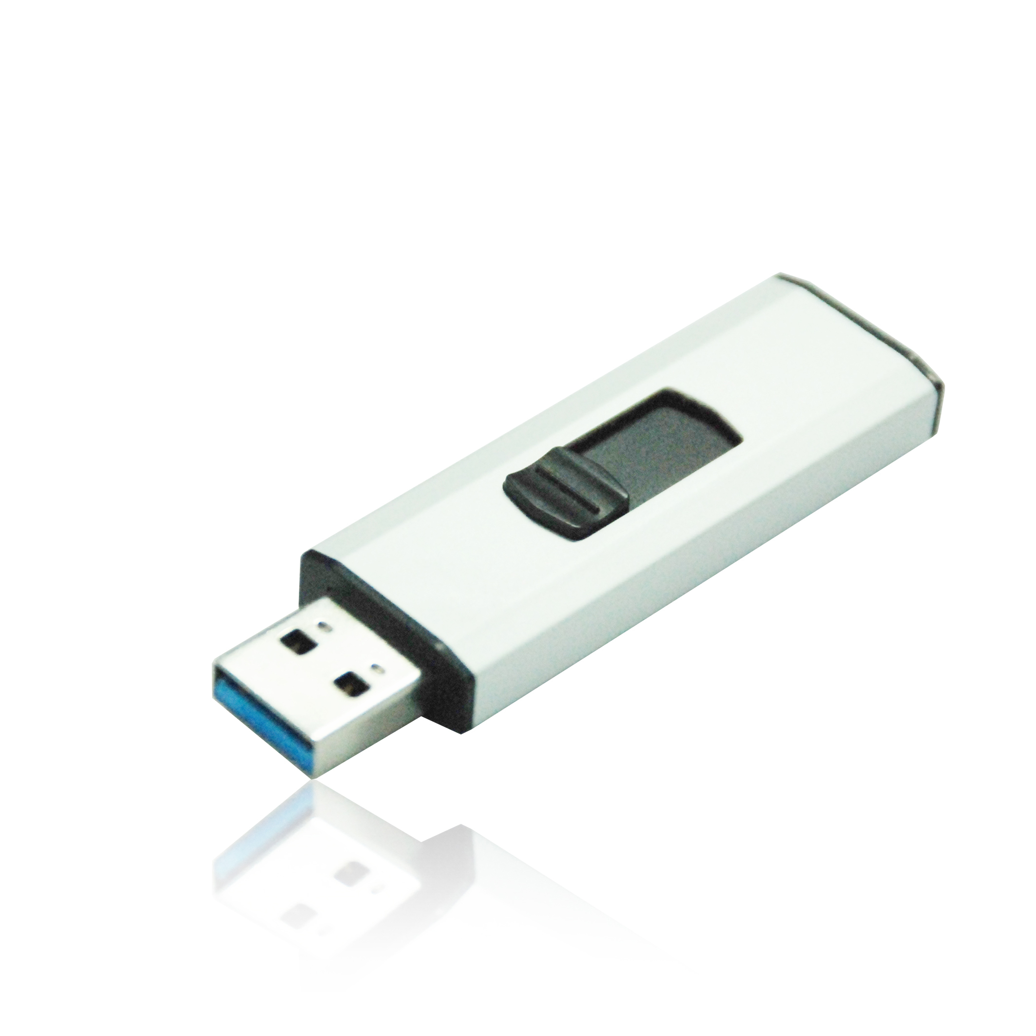 Biały pendrive USB z czarnym suwakiem i niebieskim złączem USB.