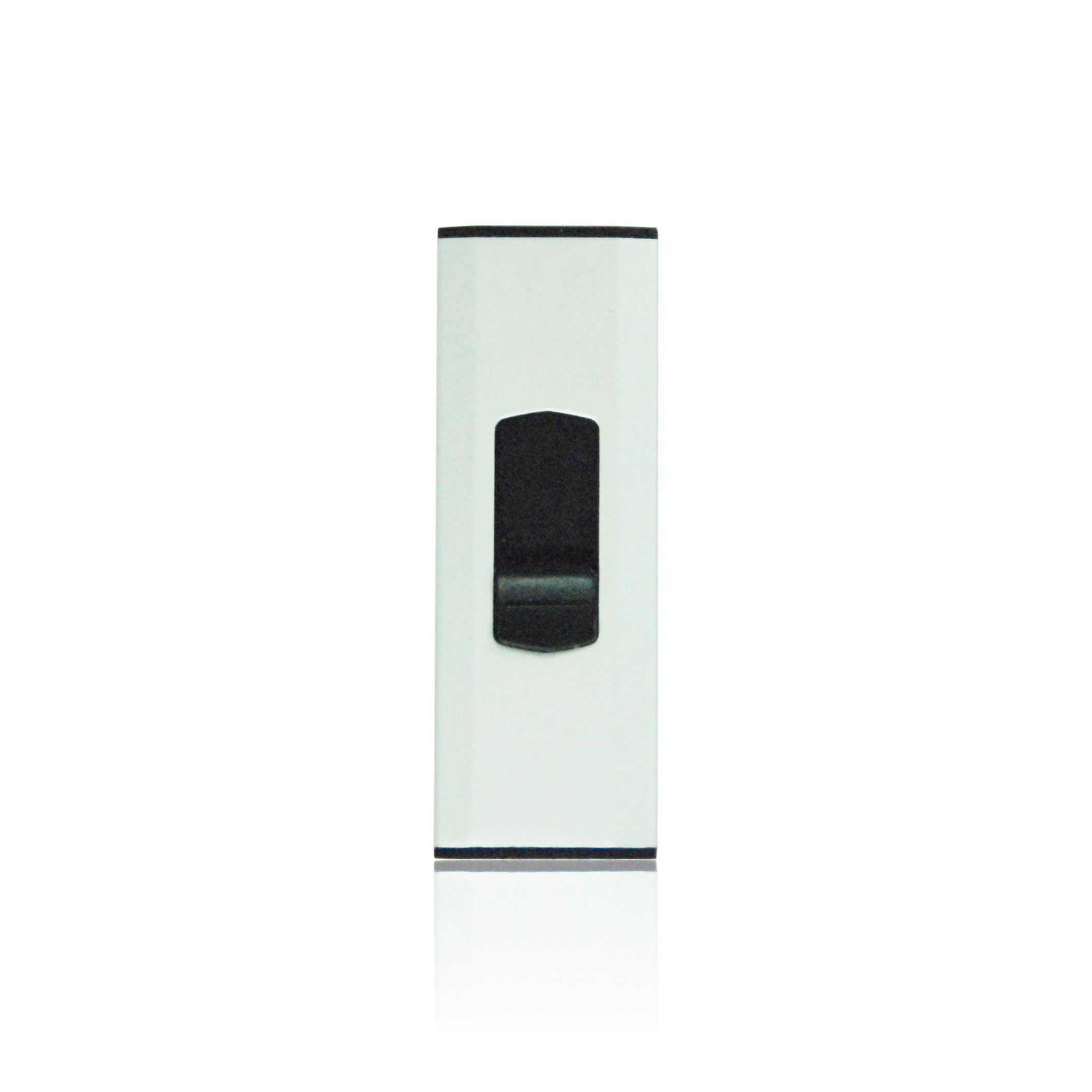 Biały pendrive z czarnym przyciskiem suwakowym, odizolowany na białym tle.