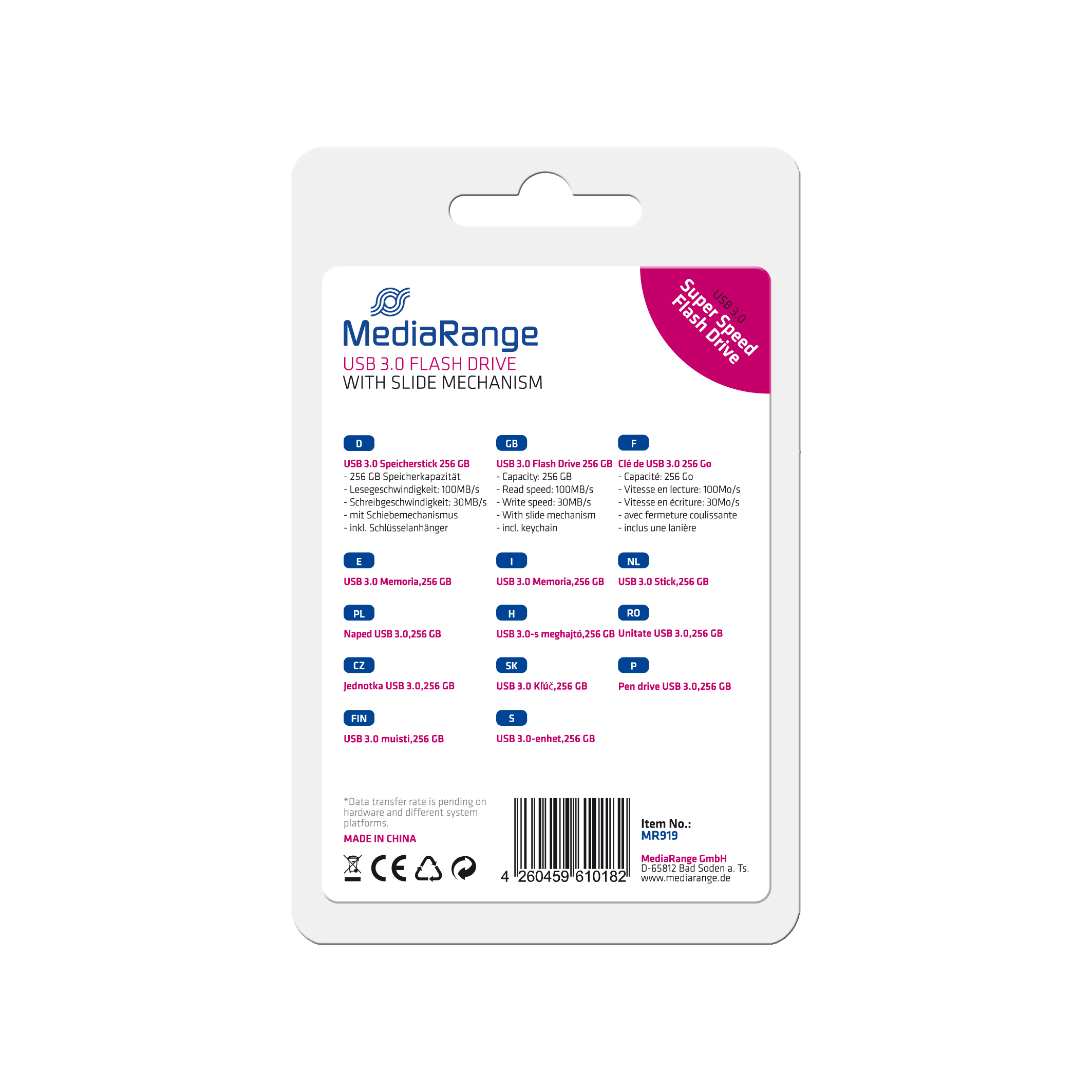 Tył opakowania pendrive'a USB 3.0 MediaRange z informacjami o produkcie.
