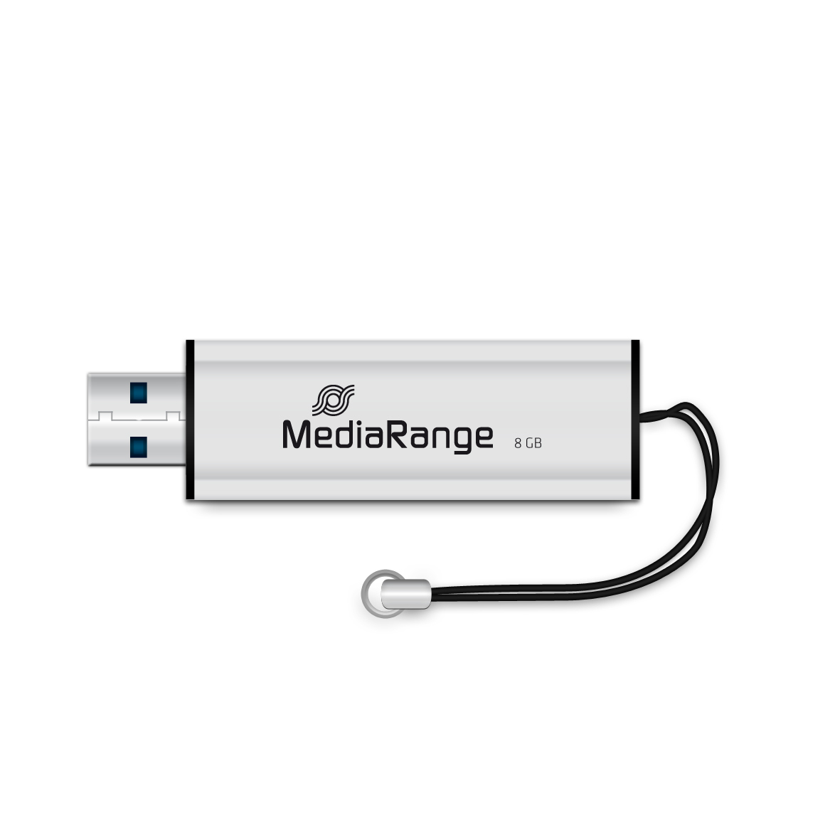 Srebrny pendrive MediaRange 8 GB z czarną smyczą.