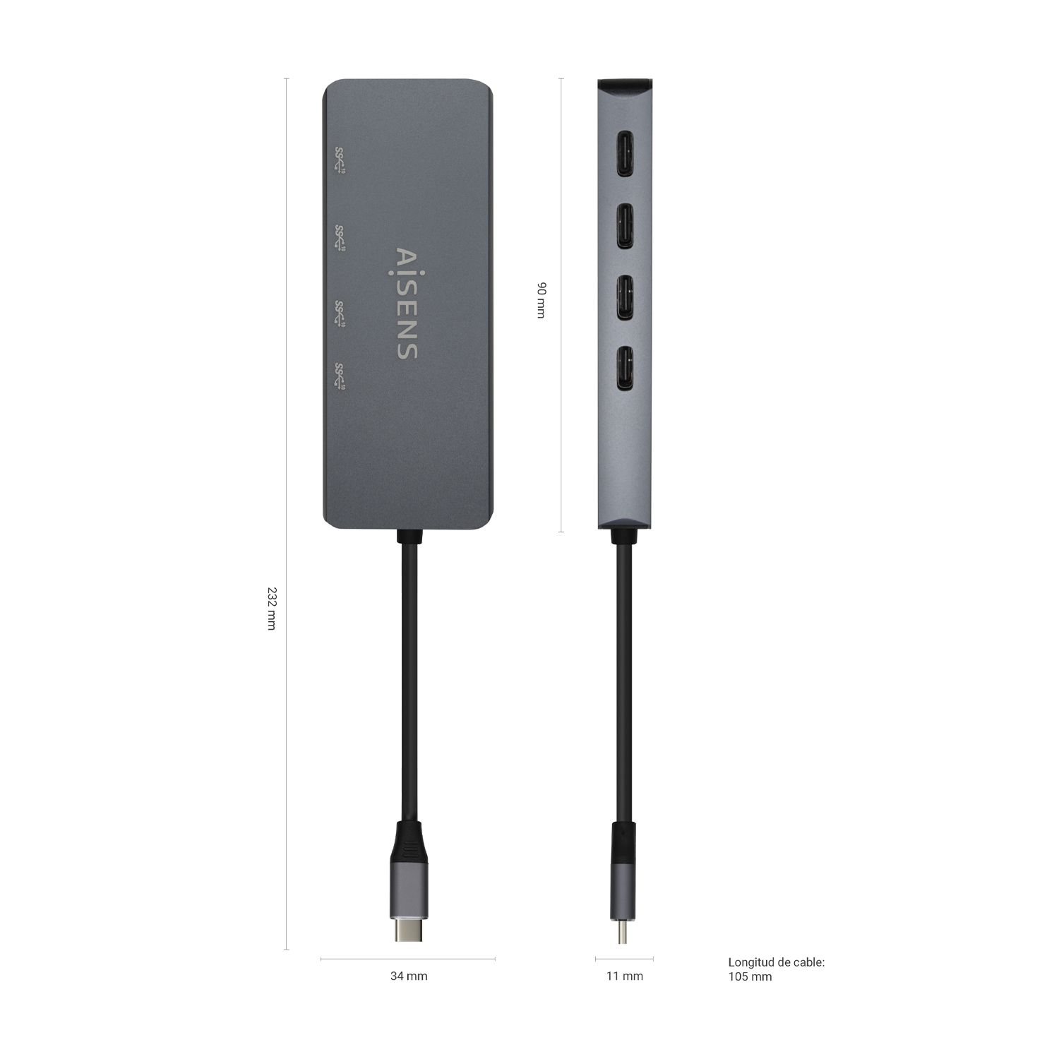 Hub USB grigio con più porte. Mostra dimensioni e specifiche tecniche.