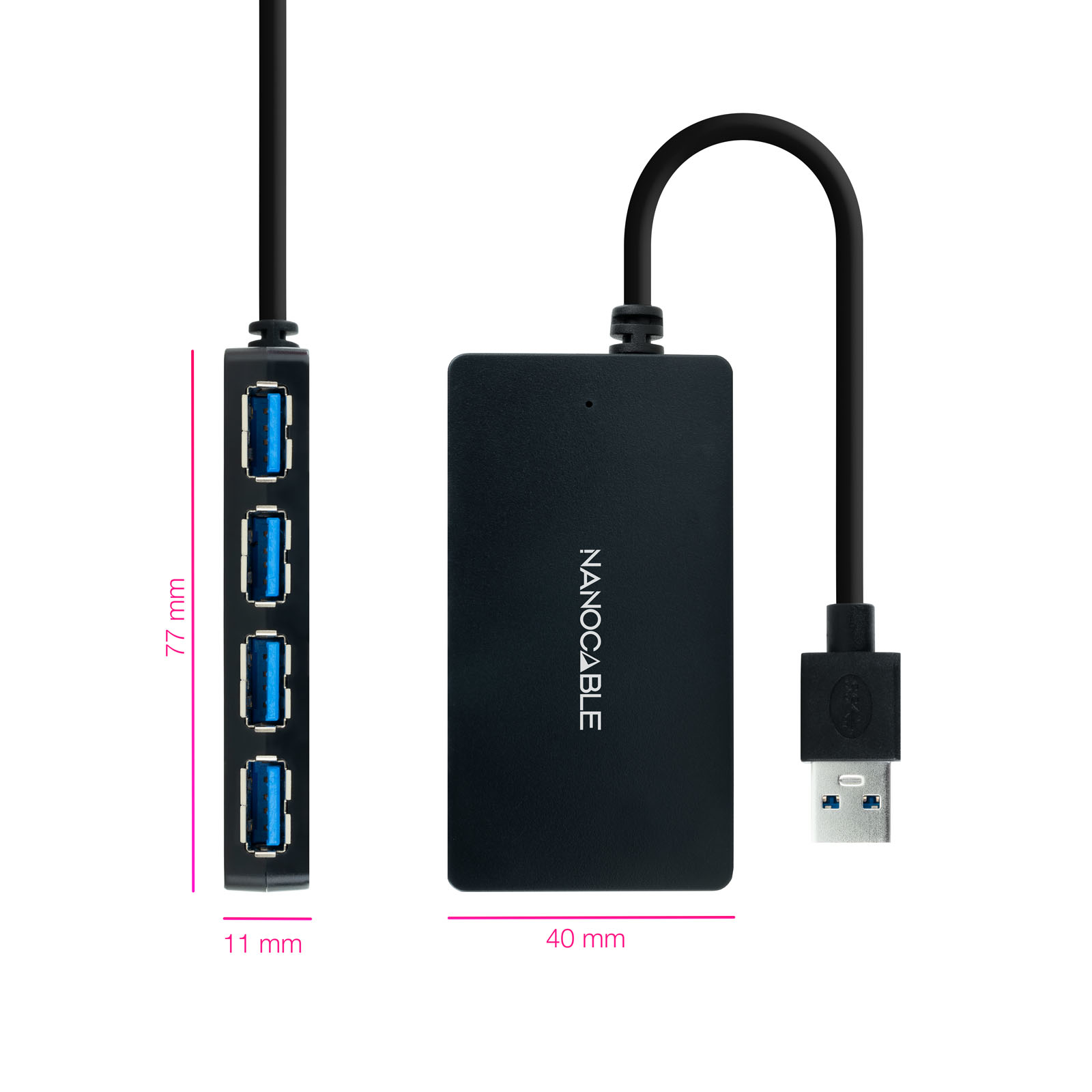 Un concentrador USB negro con tres puertos USB azules y un cable negro.