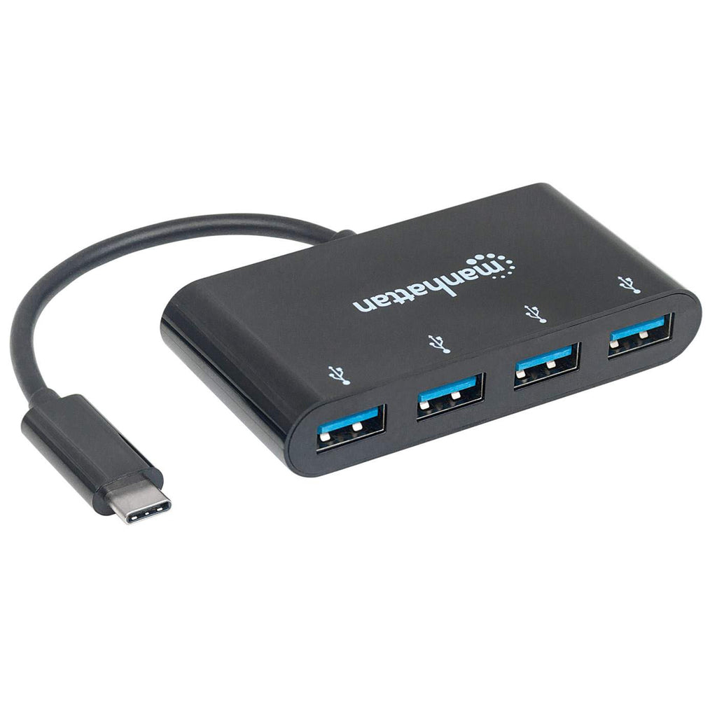 Hub USB Manhattan nero con quattro porte USB e un cavo USB-C collegato.