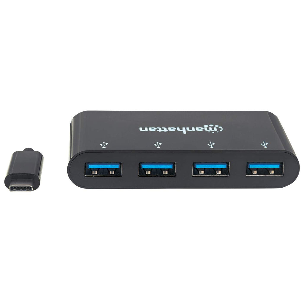 Hub USB Manhattan nero con quattro porte. Un connettore USB-C a sinistra.