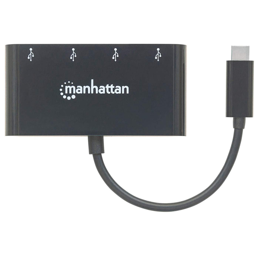 Hub USB Manhattan nero con quattro porte USB e un cavo.