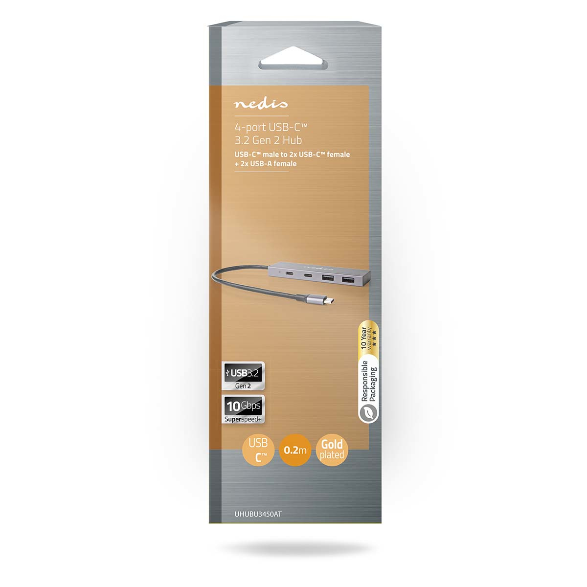 Verpakking voor een 4-poorts USB-C-hub met een USB-C naar USB-A-adapter.
