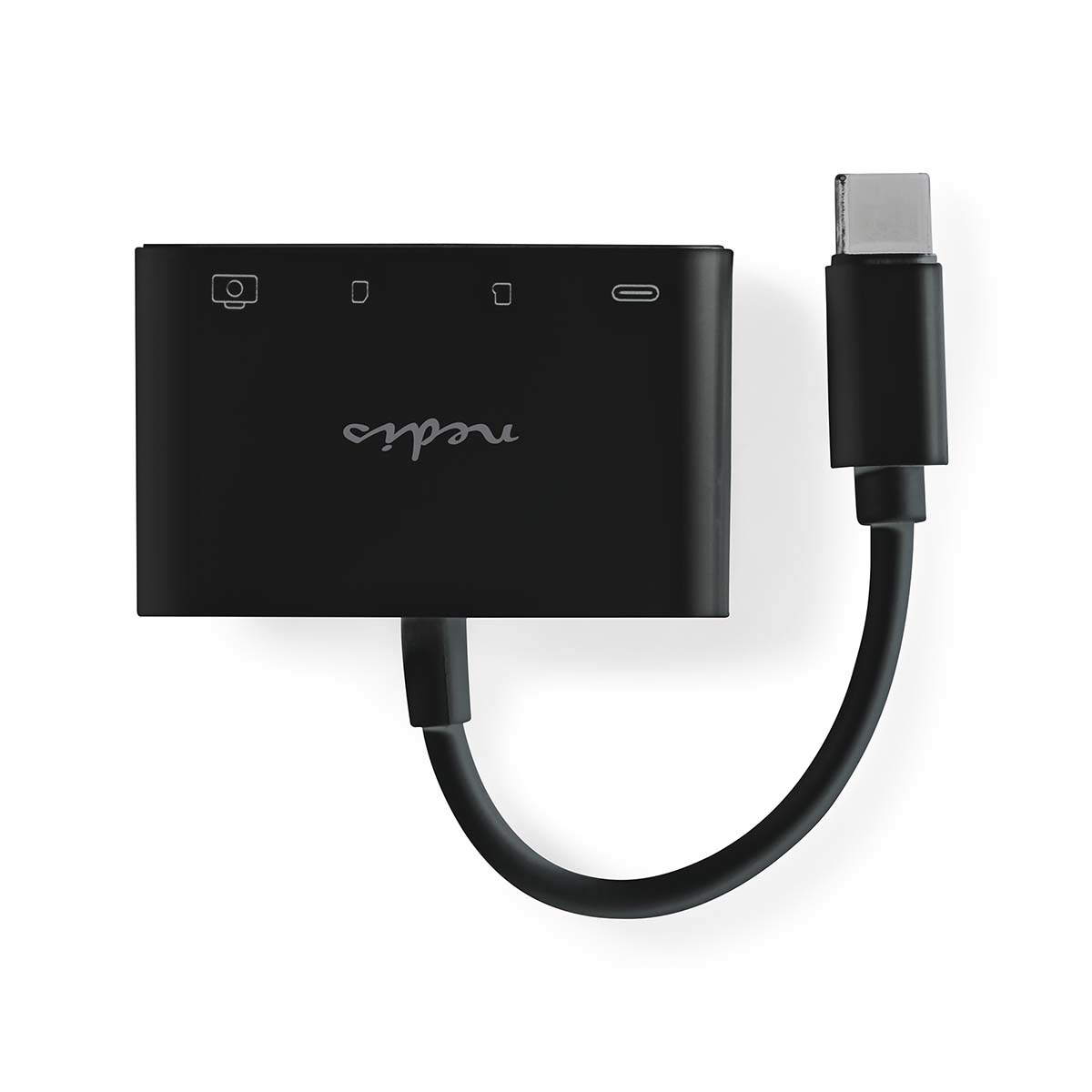 Adattatore USB-C nero con un breve cavo nero. Ha porte per fotocamera, USB e un'altra porta USB-C. Sfondo bianco.