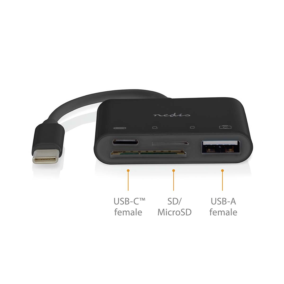 Hub USB nero con porte USB-C, SD/MicroSD e USB-A. Etichettato sul dispositivo.