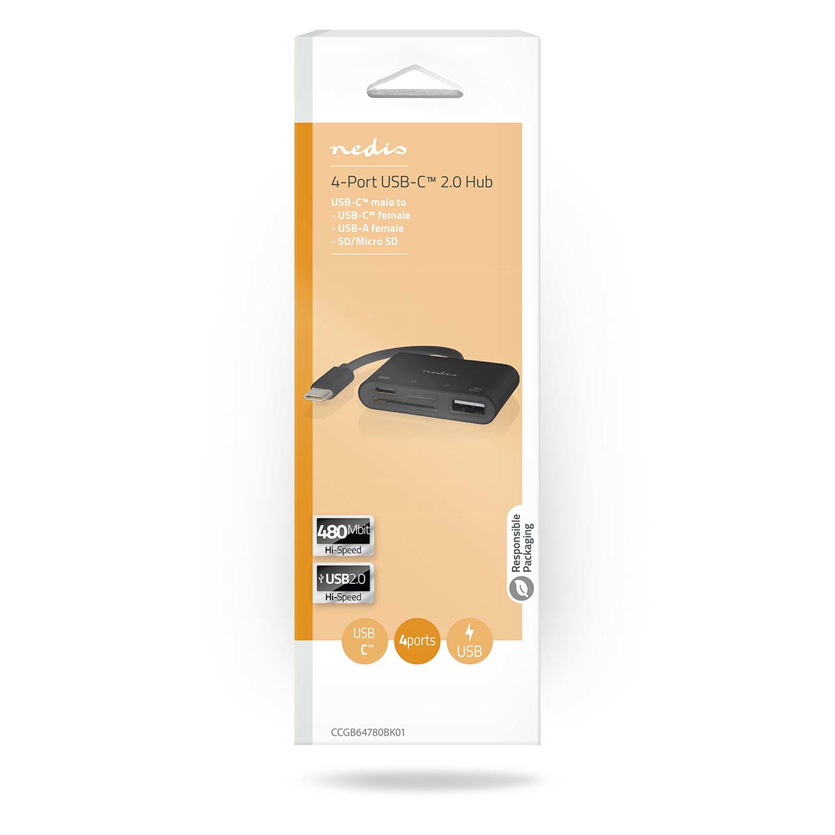 Scatola bianca, Hub USB-C 2.0 a 4 porte, USB-C a USB-C, USB-A e porte SD/Micro SD.