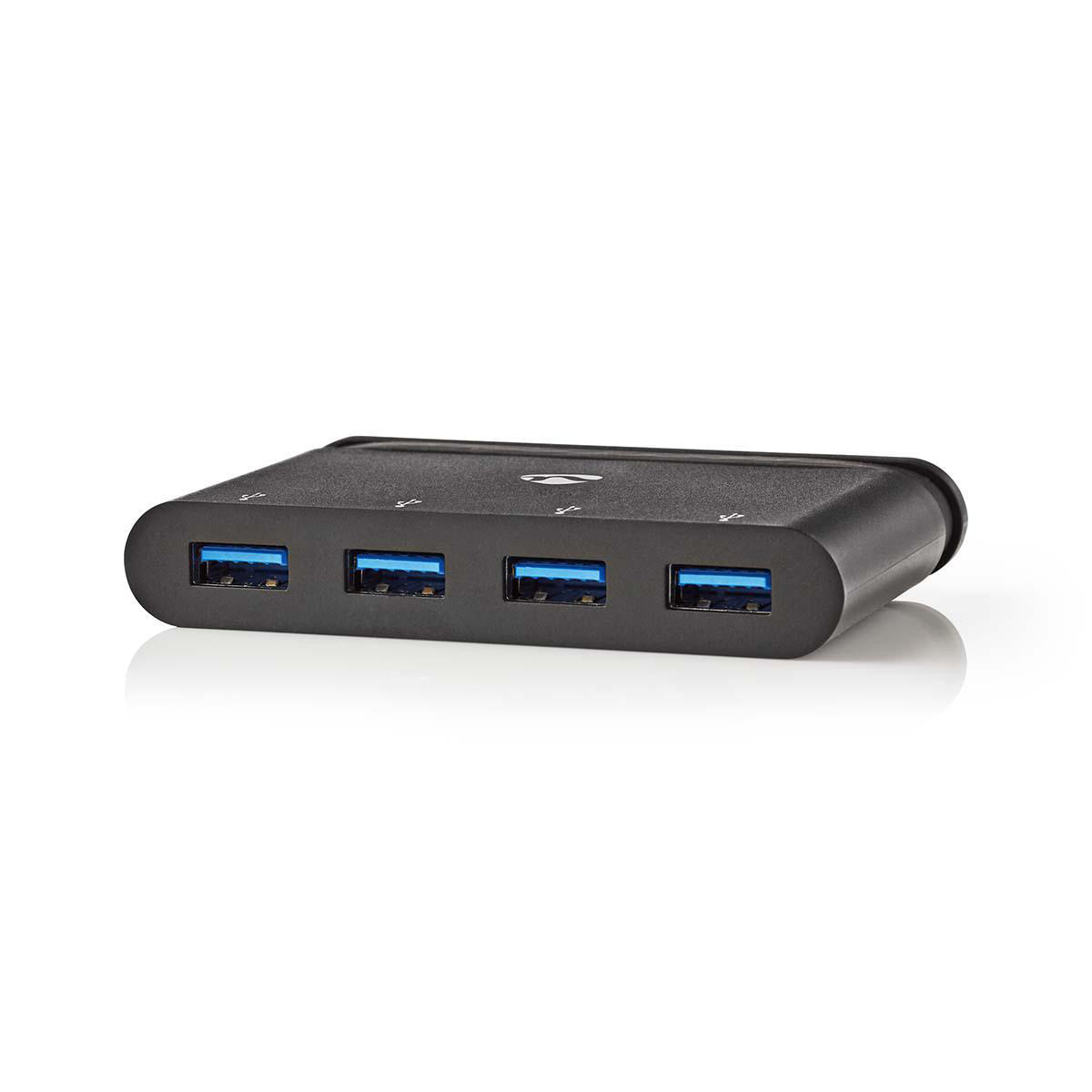 Schwarzer USB-Hub mit vier Anschlüssen. Blaue Port-Innenräume.