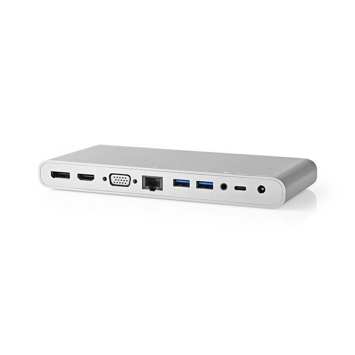 Silberner USB-C-Hub mit mehreren Anschlüssen. Verschiedene Anschlüsse vorne und hinten.