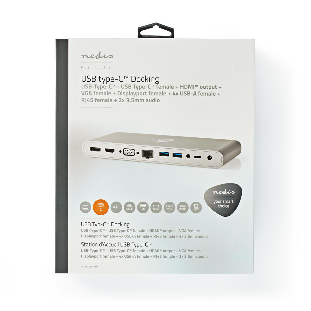 Weiße und silberne USB Type-C Dockingstation-Box mit einem Bild des Geräts und Text.