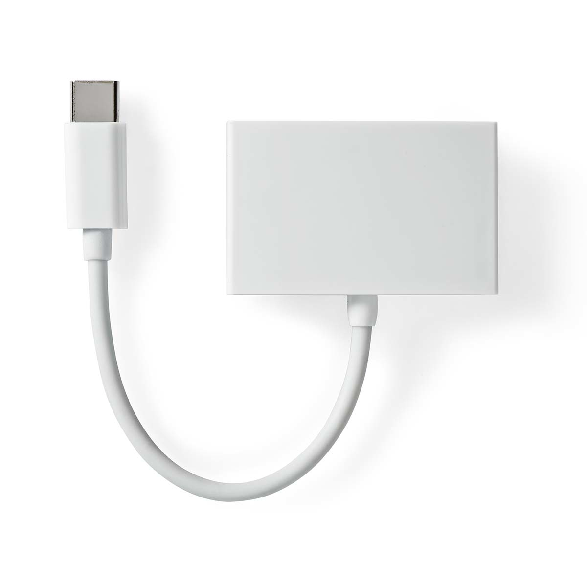 White adapter with a USB-C connector and a rectangular body, on a white background.