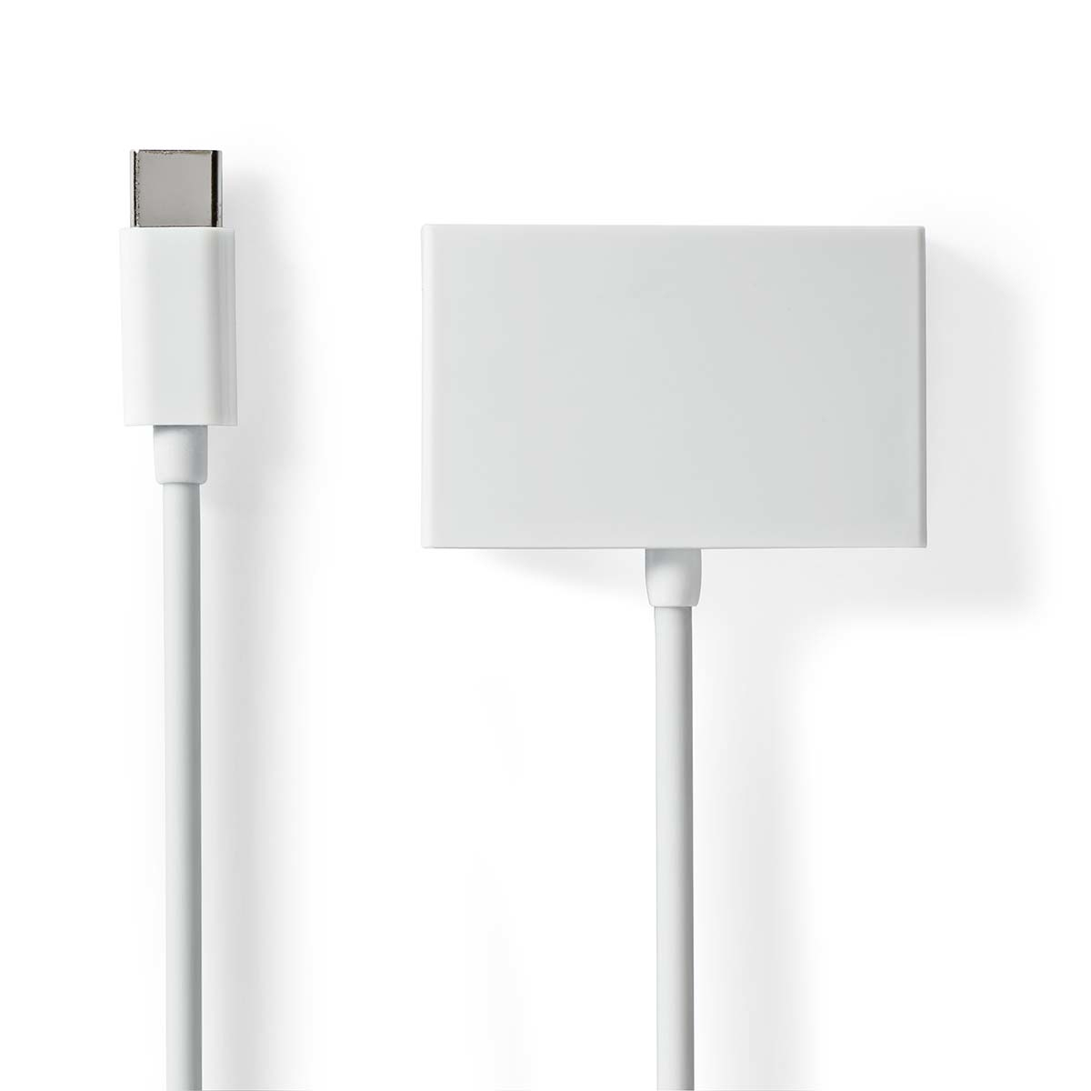 White adapter with a USB-C connector and a rectangular body, on a white background.