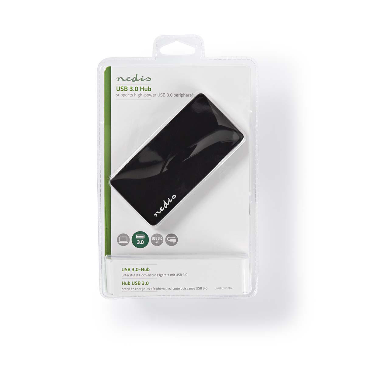 Zwarte USB 3.0 Hub in een transparante plastic verpakking, met labels.
