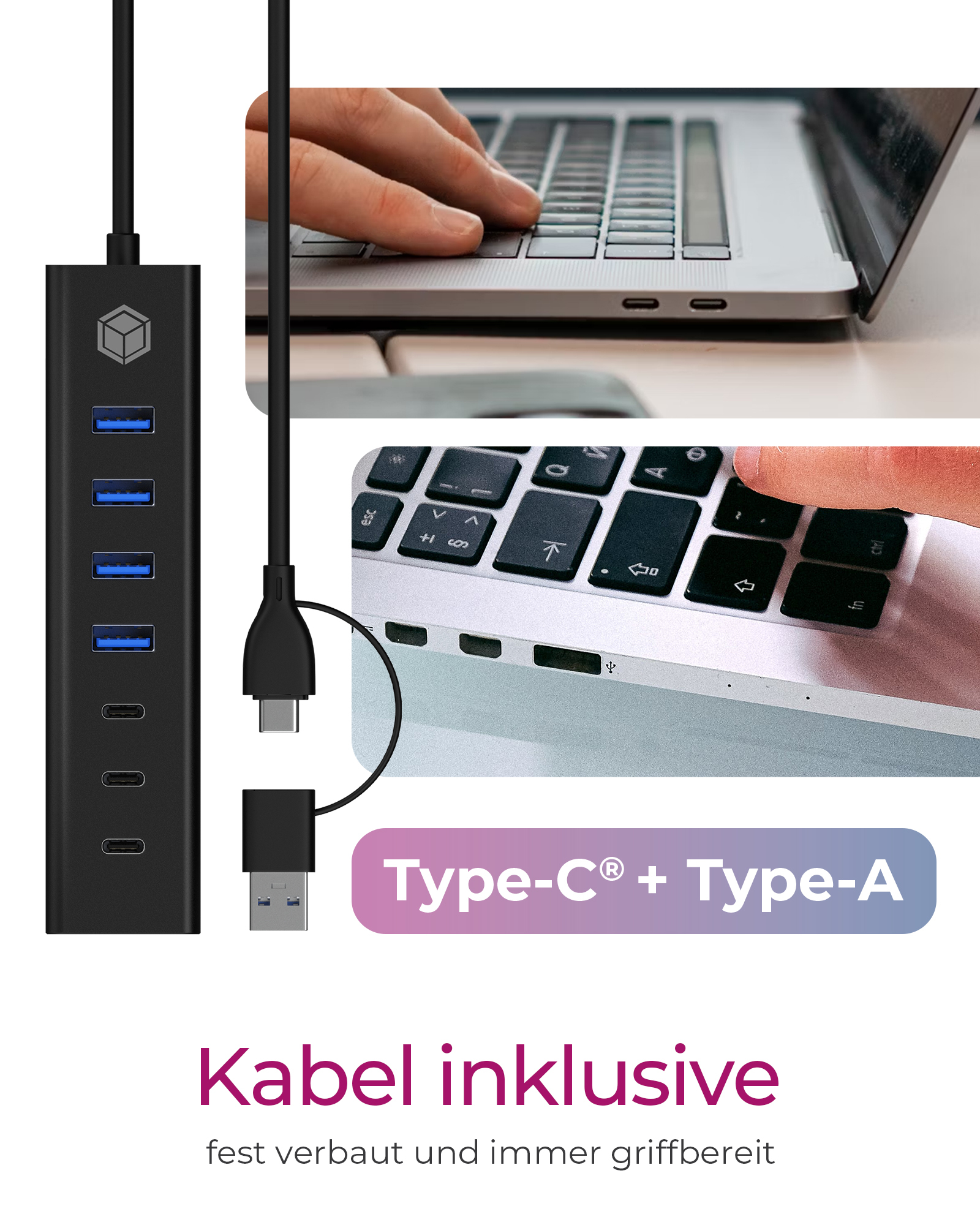 Hub USB con più porte. Un laptop e una mano sono mostrati, con etichette Tipo-C e Tipo-A.