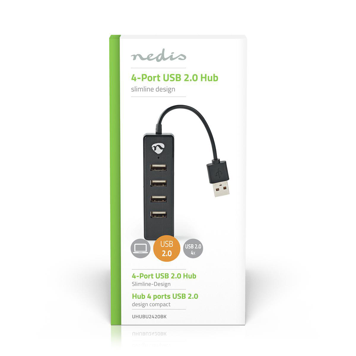 Een witte en groene doos met een USB-hub erin.