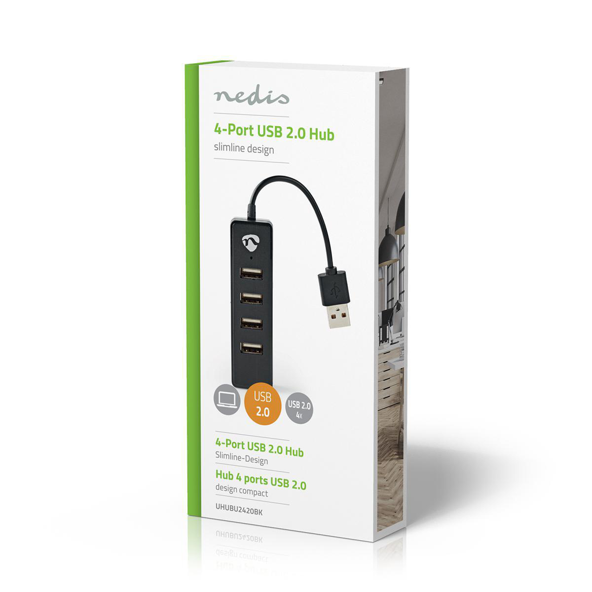 Witte en zwarte USB-hub verpakking. De hub heeft 4 USB-poorten. Tekst: 'slimline design' en '4-Port USB 2.0'.