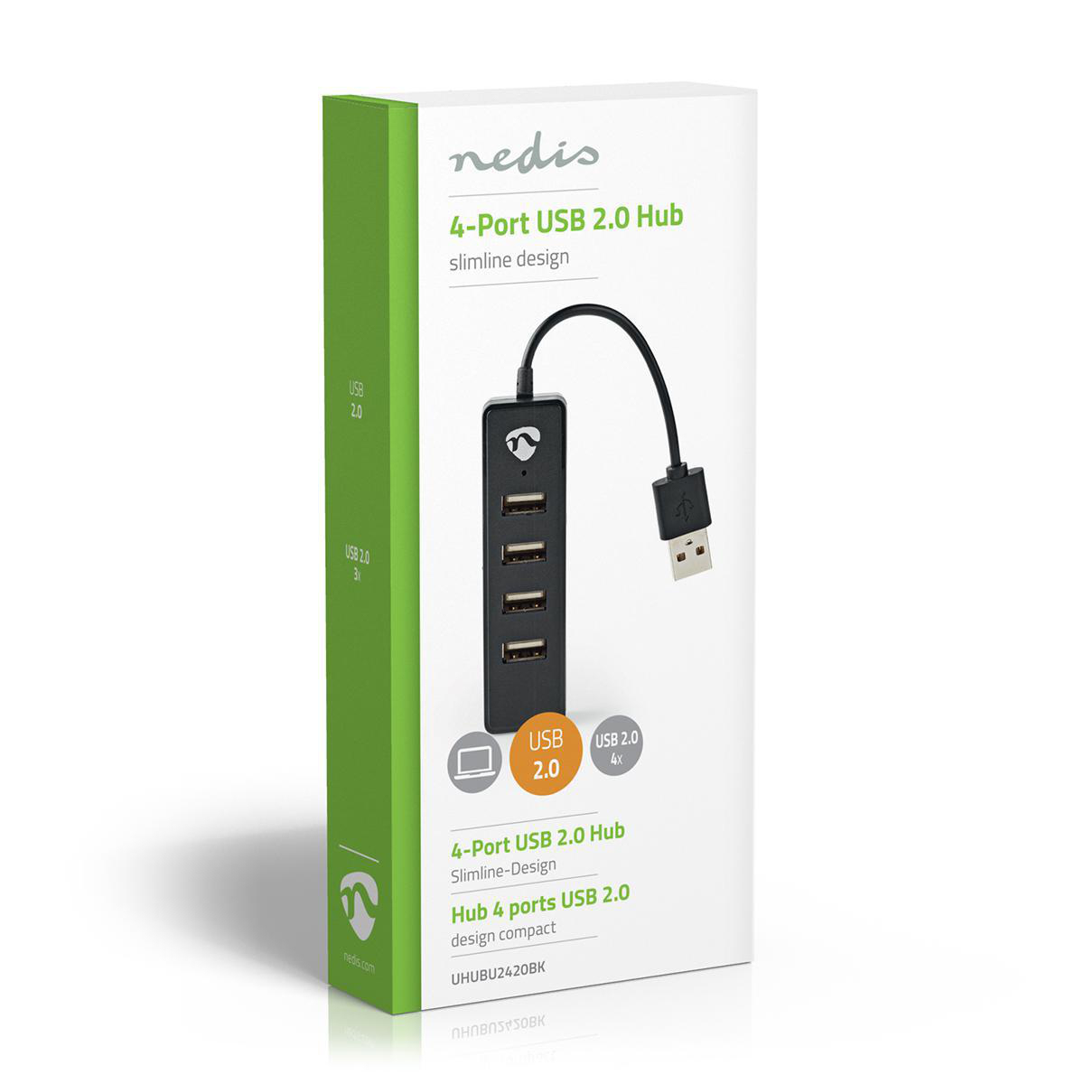 Een witte doos met een USB-hub en de kabel. De doos heeft het Nedis-logo en productinfo.