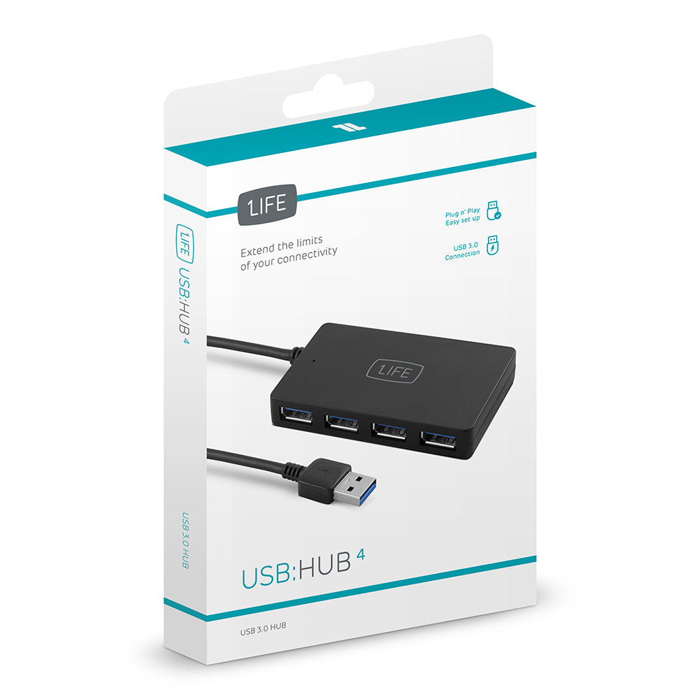 Hub USB in una scatola. La scatola mostra l'hub e le connessioni USB. Testo sulla confezione.