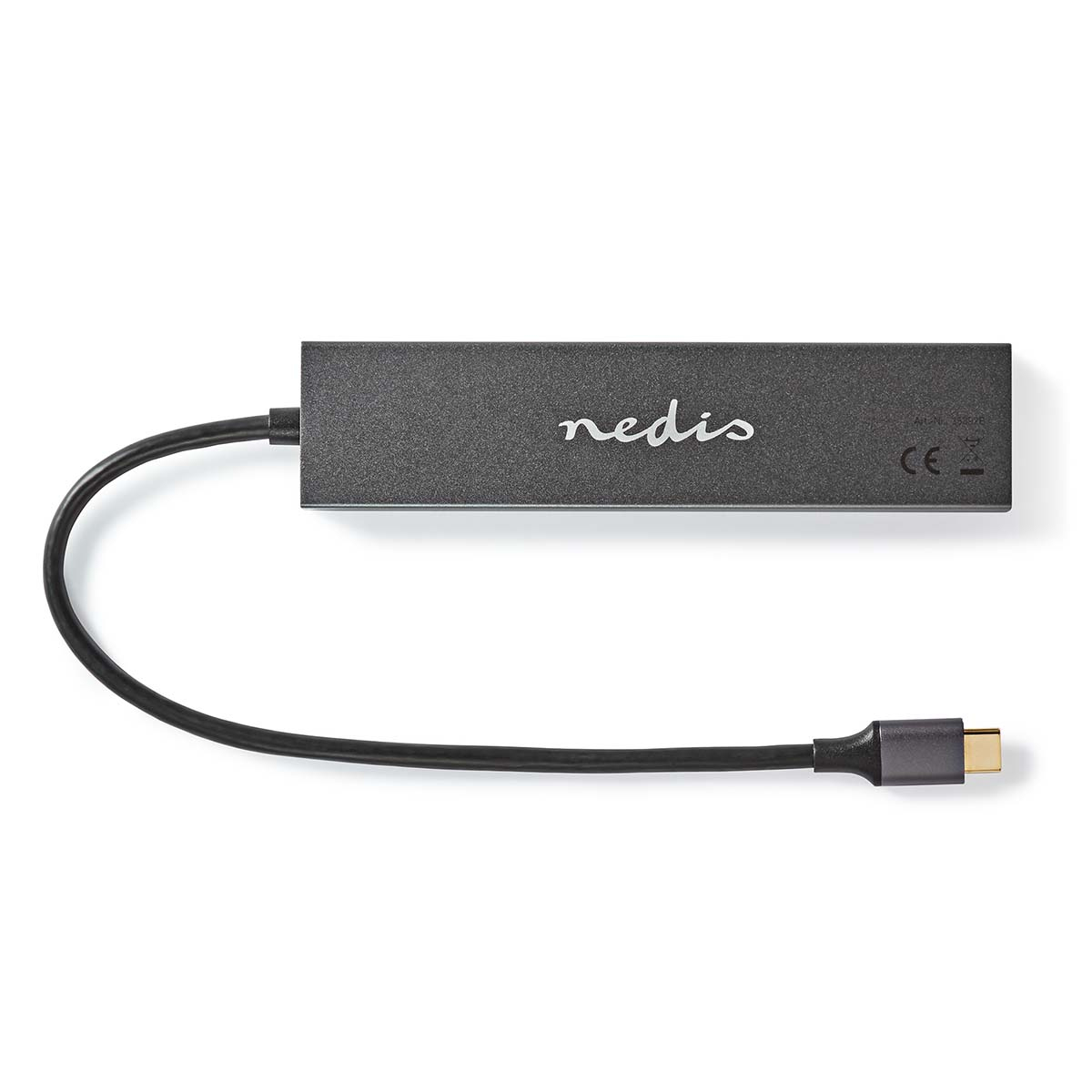 Adattatore nero con cavo USB-C. L'adattatore ha il logo Nedis.