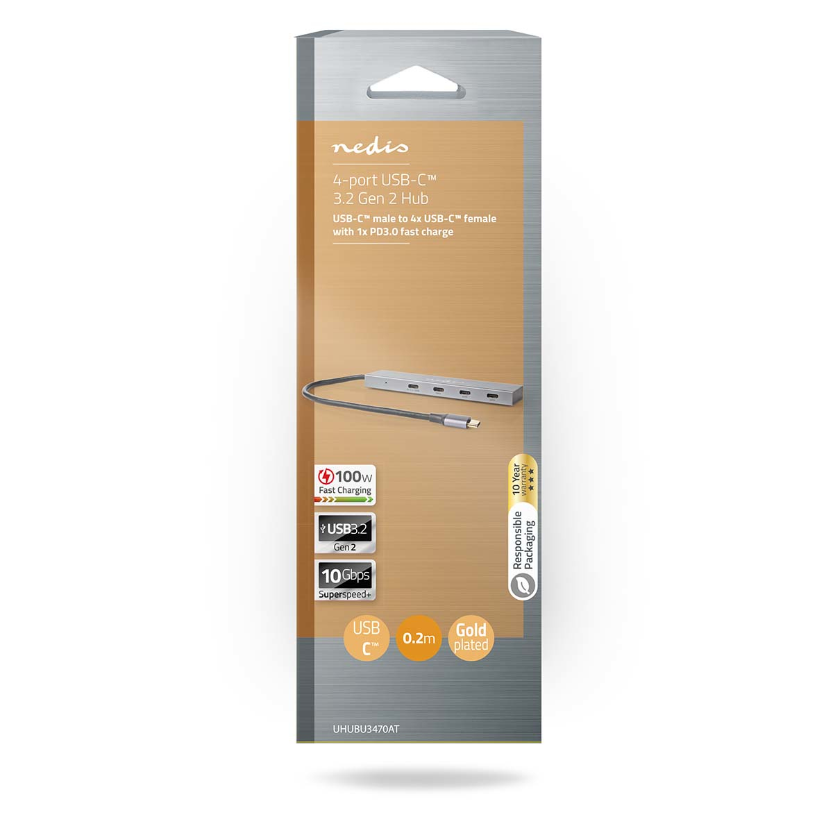 Confezione per un hub USB-C argentato. Ha più porte USB-C e un cavo USB-C. Testo: '100W ricarica rapida'.