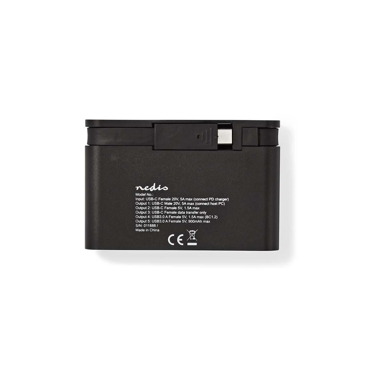 Schwarzer Netzadapter, Draufsicht, mit mehreren USB-Anschlüssen und Informationen.