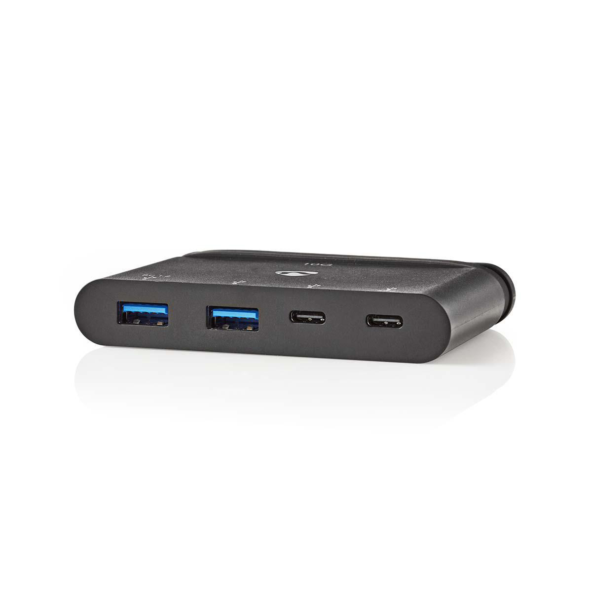 Schwarzer USB-Hub. Hat zwei USB-Anschlüsse und zwei USB-C-Anschlüsse. Weißer Hintergrund.