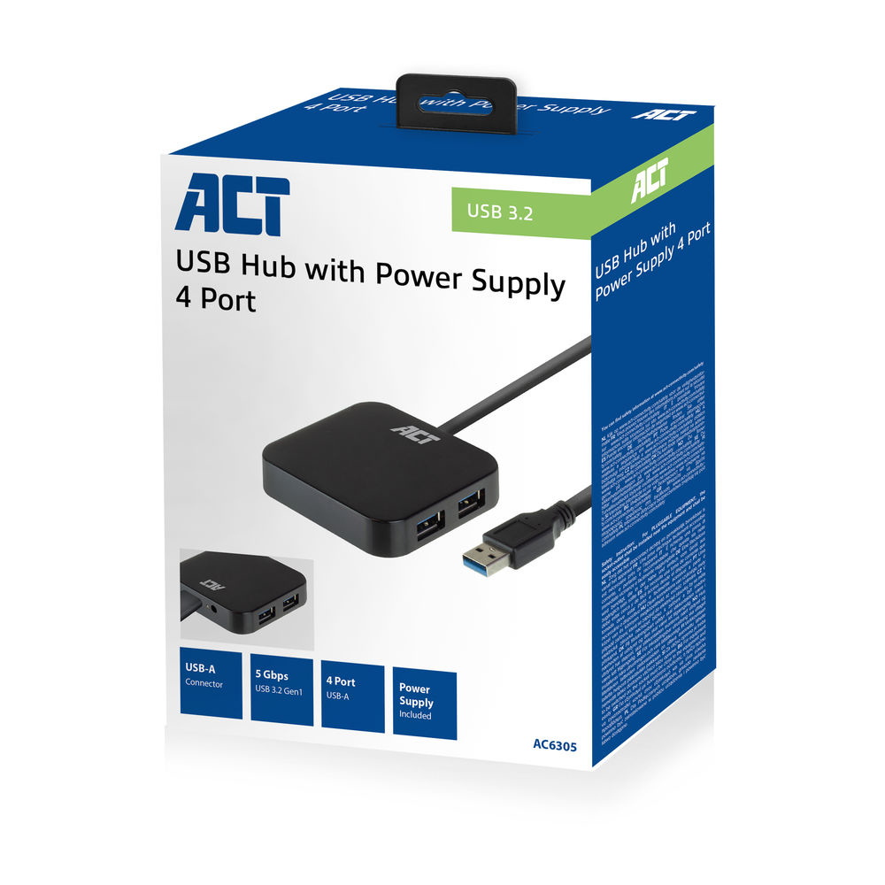 Verpackter ACT USB-Hub mit Stromversorgung, USB-A-Anschlüssen und Produktdetails.