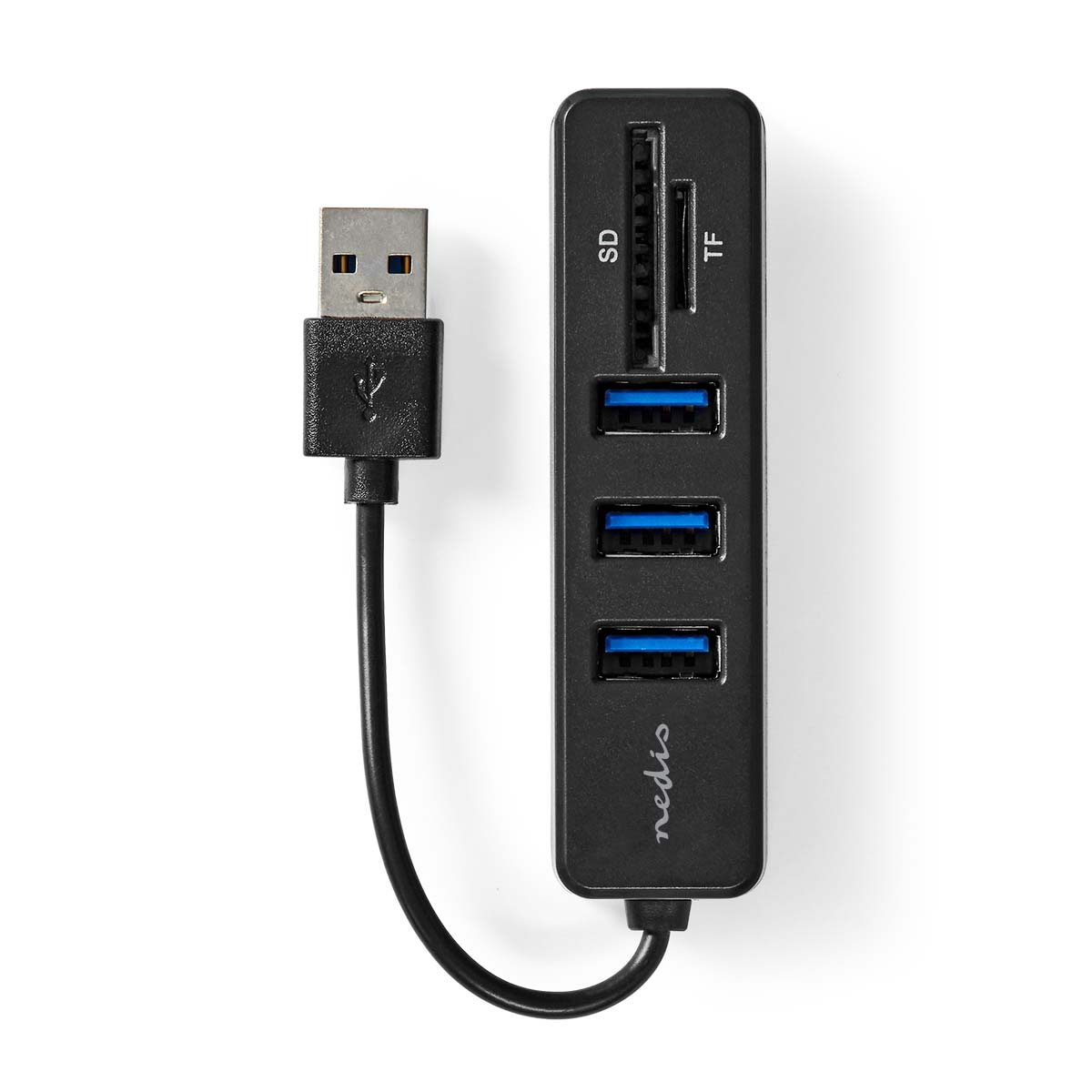 Hub USB nero con tre porte USB, slot per schede SD e TF e connettore USB.