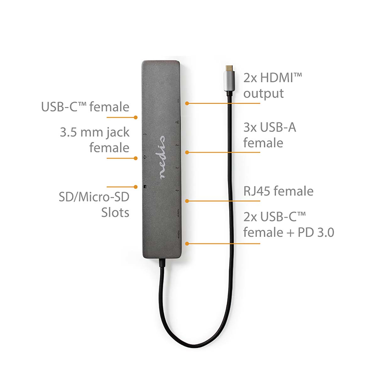 Grauer USB-Hub mit vielen Anschlüssen. Enthält HDMI, USB-A, RJ45 und USB-C Anschlüsse.