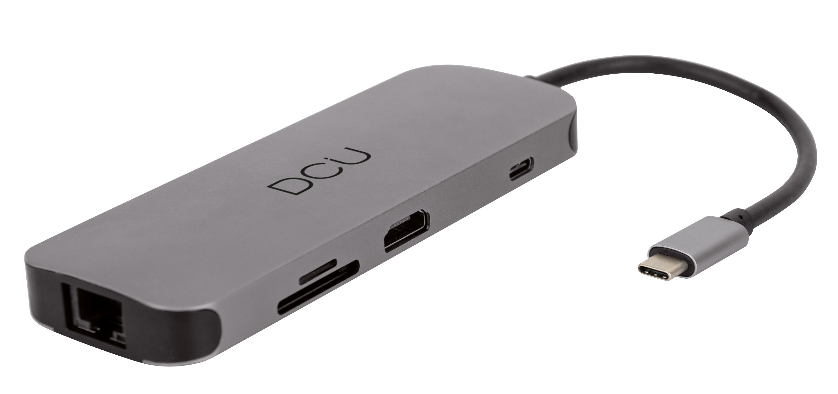 Un hub USB-C DCU gris con múltiples puertos, incluyendo HDMI, SD y Ethernet, con un cable conectado.