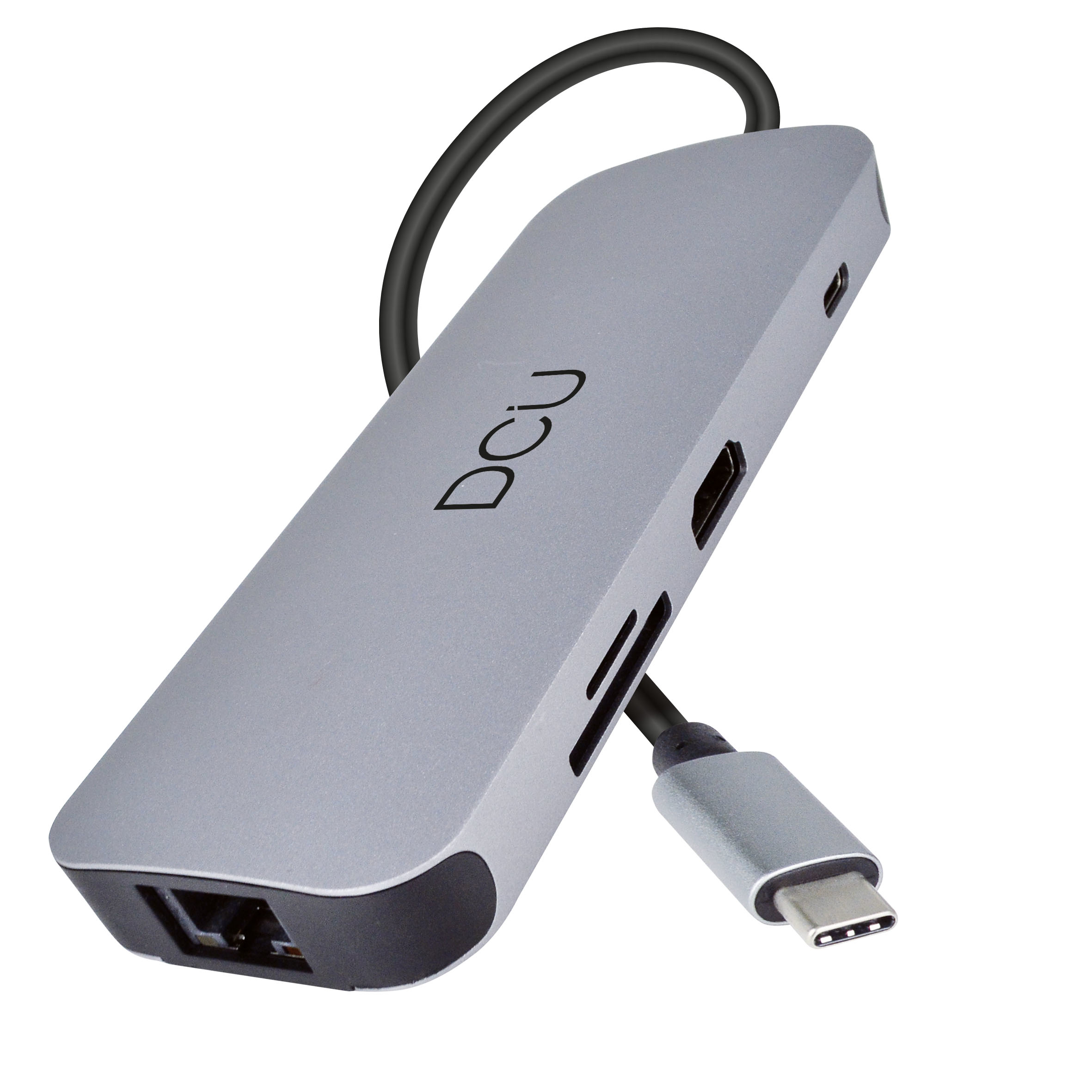 Concentrador USB-C gris con múltiples puertos. Cable negro y conector USB-C. Diseño moderno.