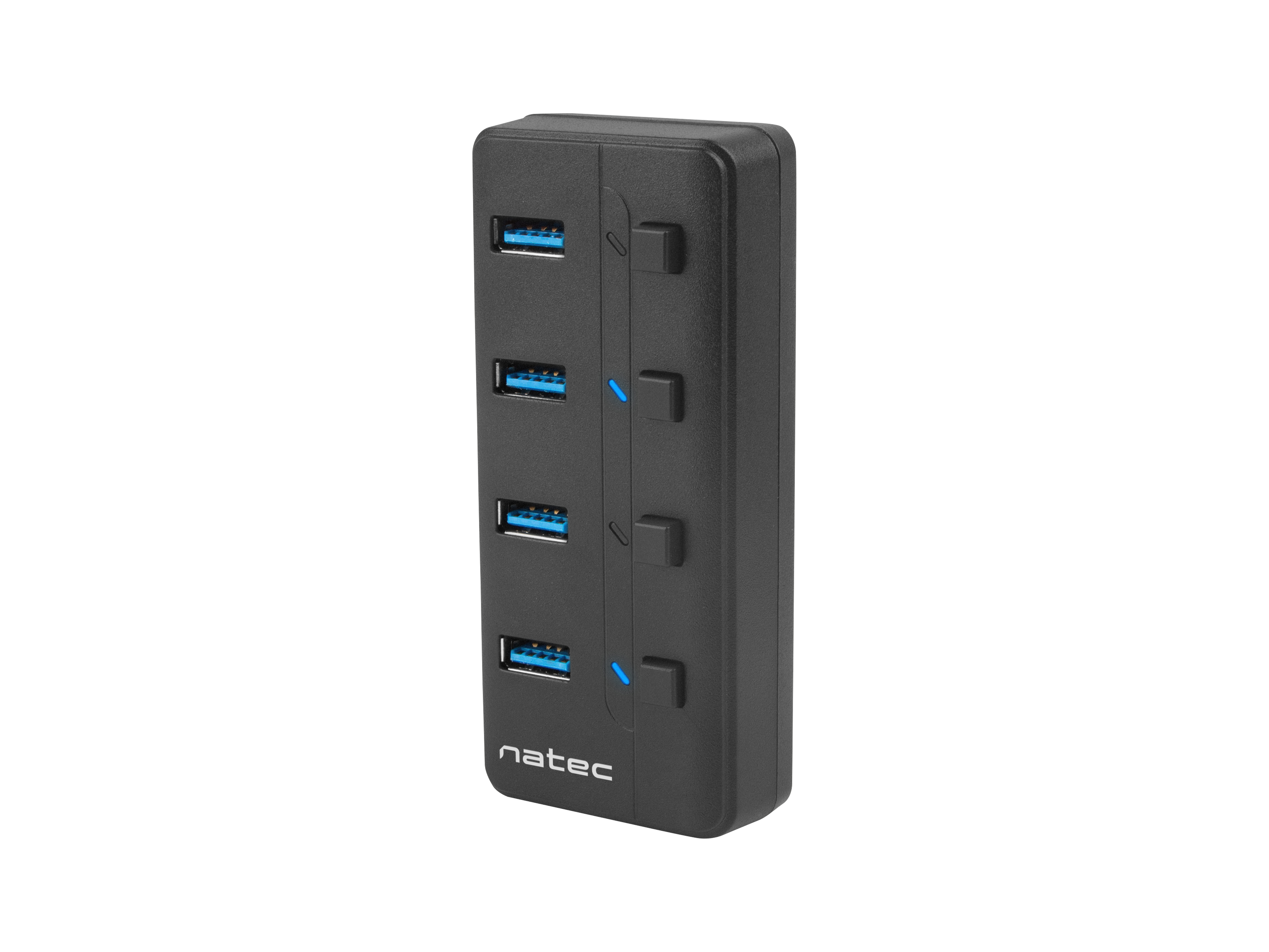 Schwarzer USB-Hub mit 4 USB-Anschlüssen, mit blauen Ports.