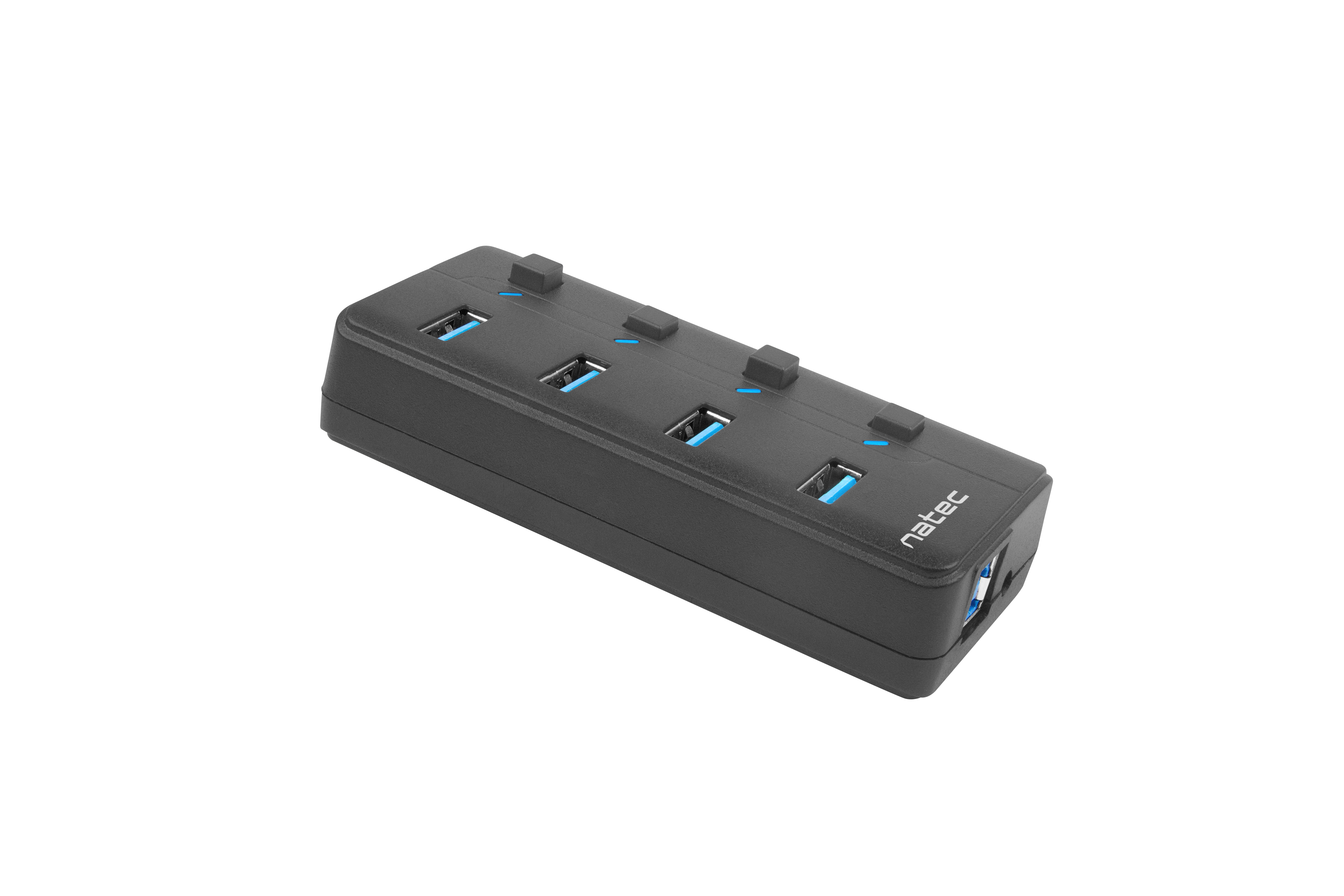 Schwarzer USB-Hub mit vier Anschlüssen auf weißem Hintergrund.