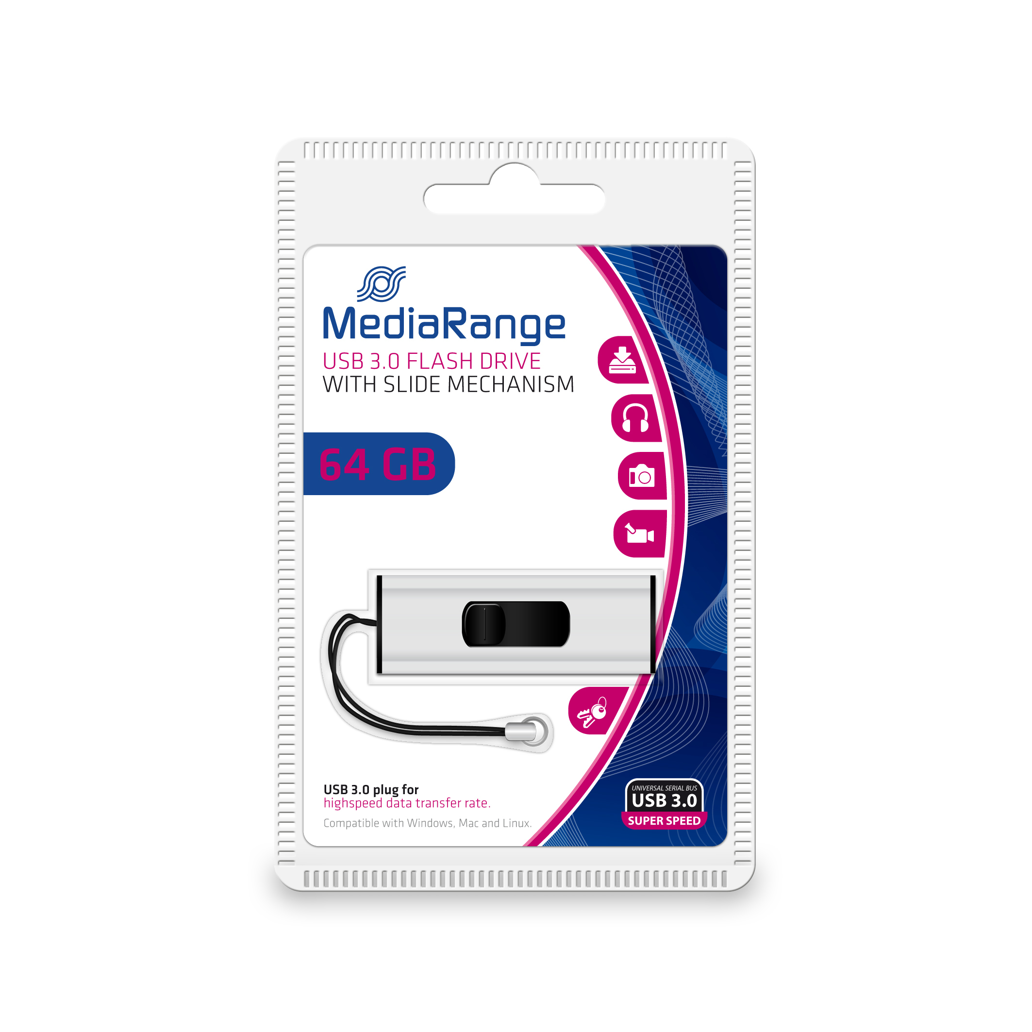 Pamięć flash USB 3.0 MediaRange w opakowaniu, z tekstem i ikonami.