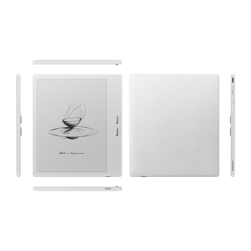 Liseuse blanche avec étui. Elle affiche une image et a un stylo.