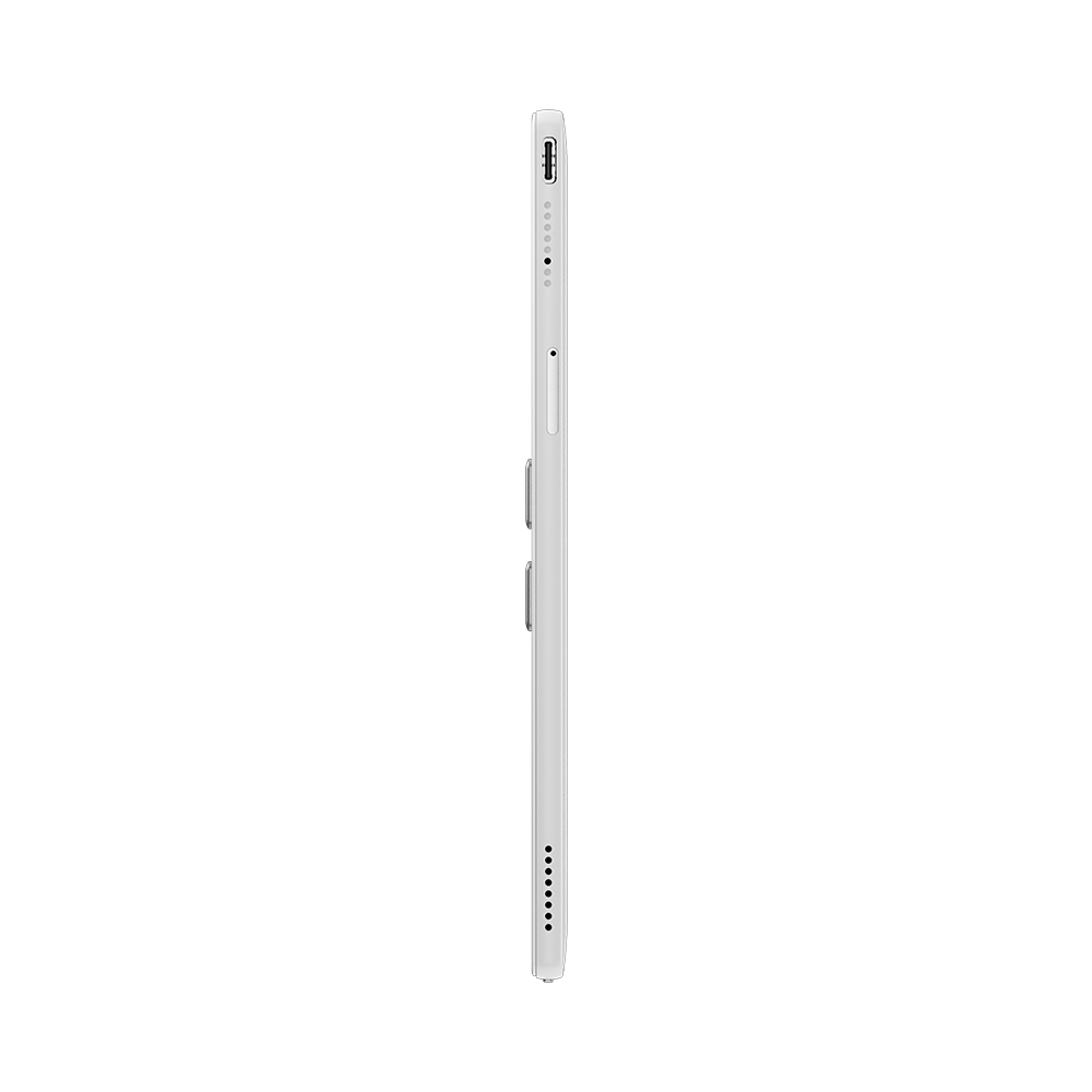 Vue latérale d'une tablette blanche avec un port et des boutons.