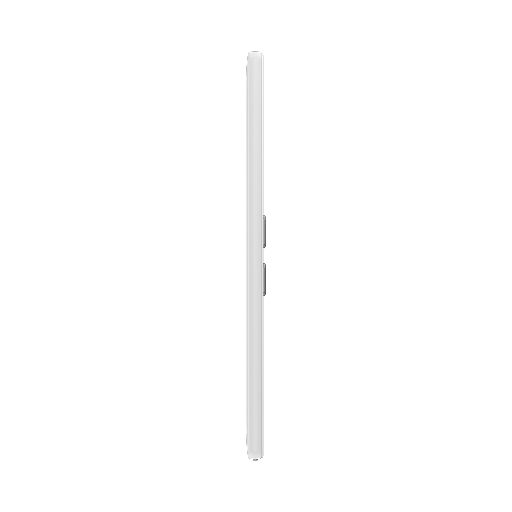 Vue latérale fine et blanche d'un téléphone. Montre le côté avec les boutons d'alimentation et de volume.