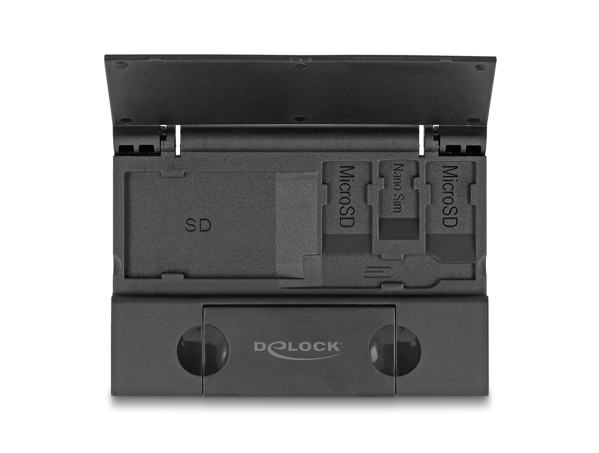 Lettore di schede nero con slot per schede SD, MicroSD, Nano Sim e MicroSD.