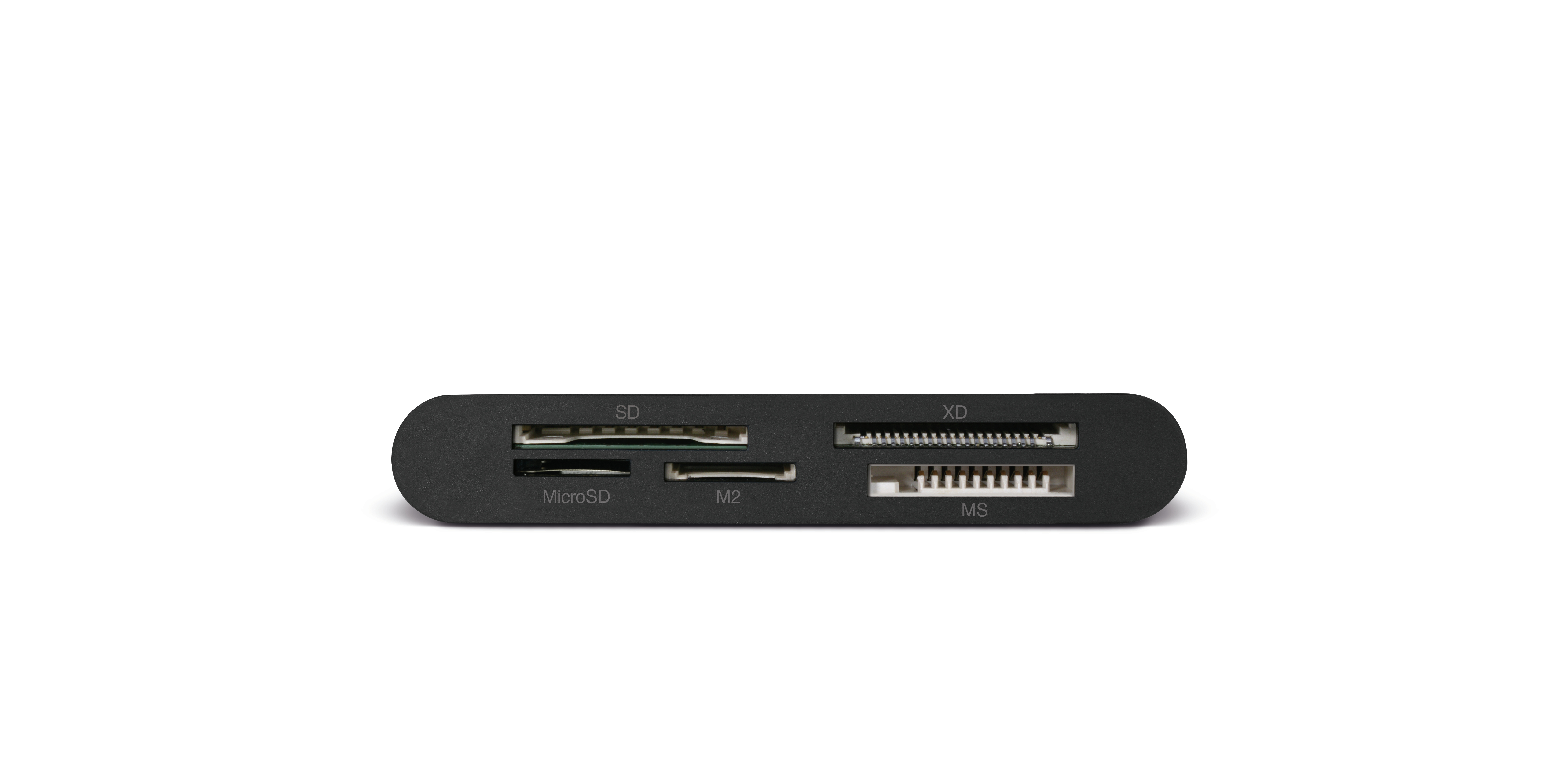 Lettore di schede nero con slot SD, MicroSD, M2 e MS, su sfondo bianco.