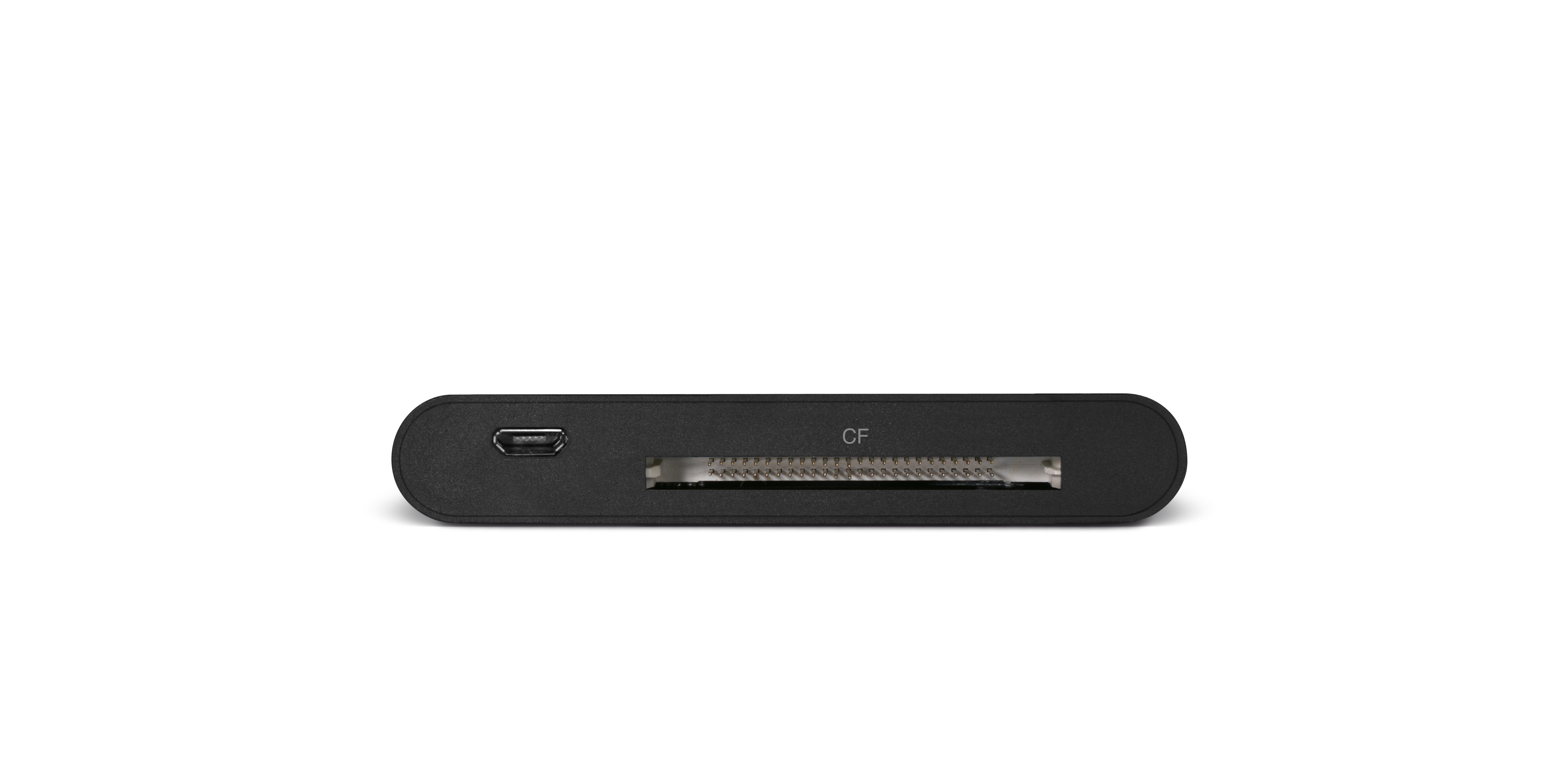 Lettore di schede nero con porta USB e slot per schede CF su sfondo bianco.