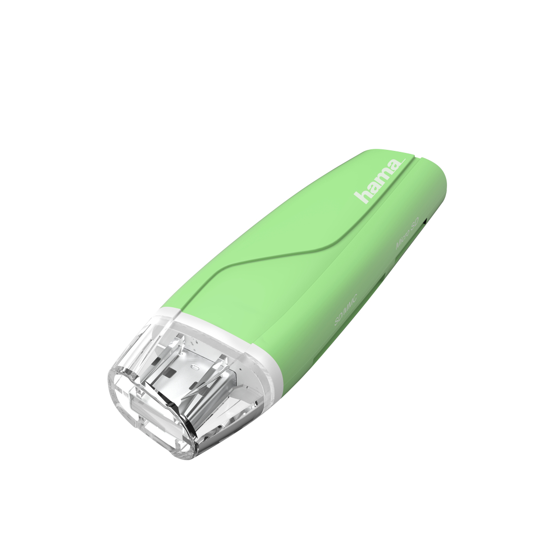 Zielony i biały czytnik kart Hama SD/MMC na białym tle. Czytnik jest pochylony.
