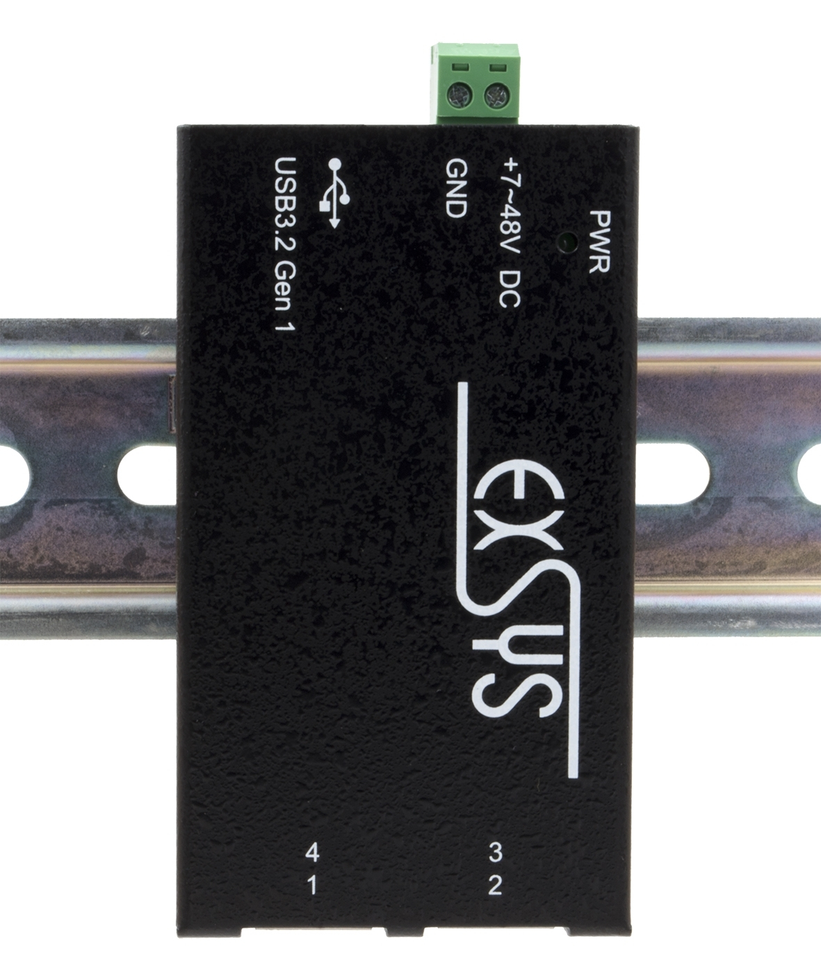 Dispositivo USB 3.2 Gen 1 nero con connettore verde e fori per viti.