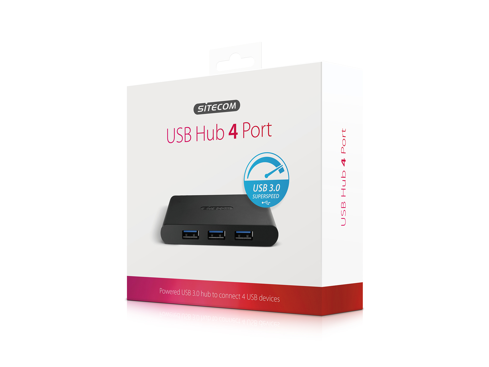 Una scatola hub USB Sitecom bianca e rossa con il logo USB 3.0.