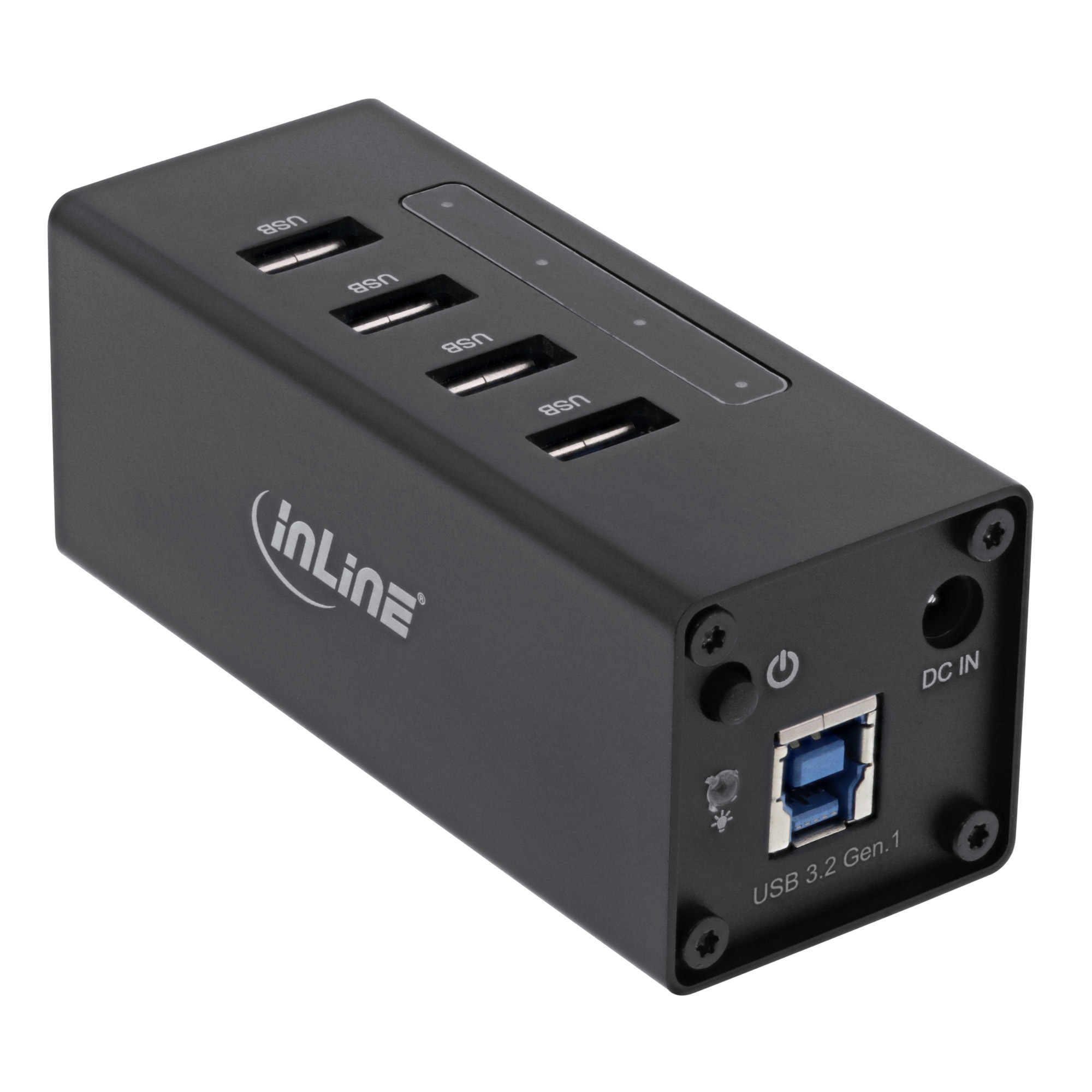 Hub USB nero con cinque porte USB, il retro ha una porta USB 3.2 e DC IN.